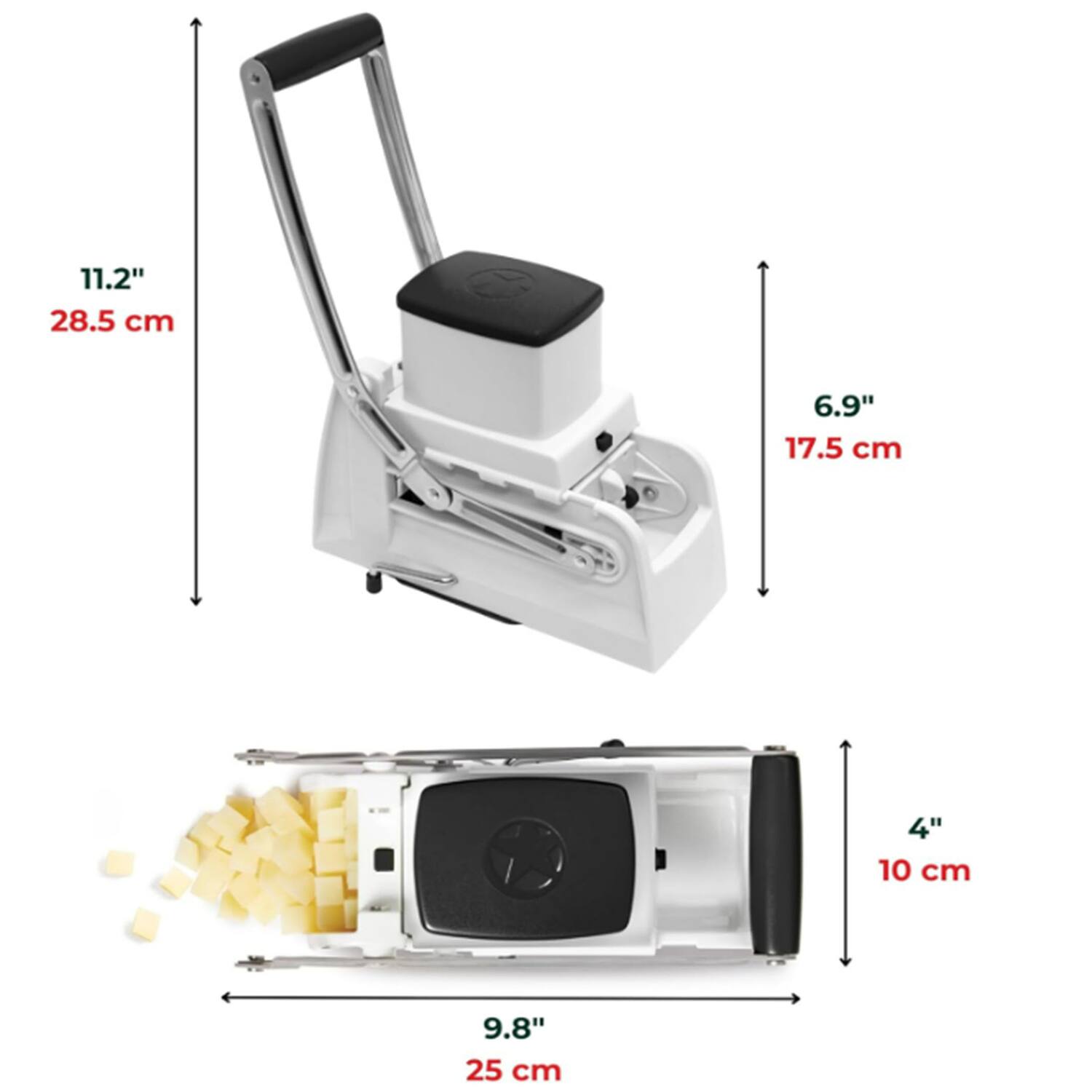 11.2" 28.5 cm  
6.9" 17.5 cm  
4" 10 cm  
9.8" 25 cm