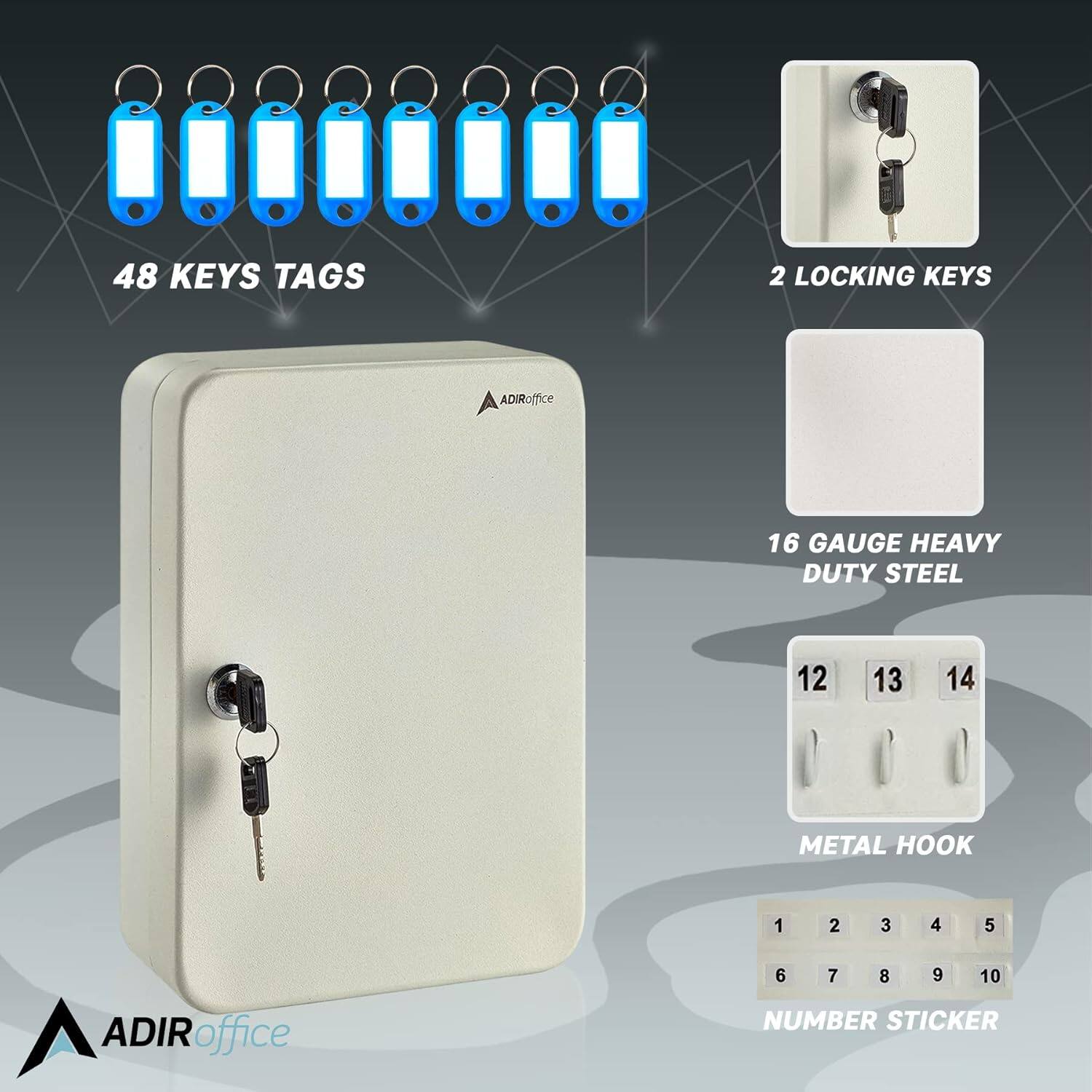 48 KEYS TAGS, 2 LOCKING KEYS, 16 GAUGE HEAVY DUTY STEEL, METAL HOOK, NUMBER STICKER, ADIRoffice, ADIRoffice