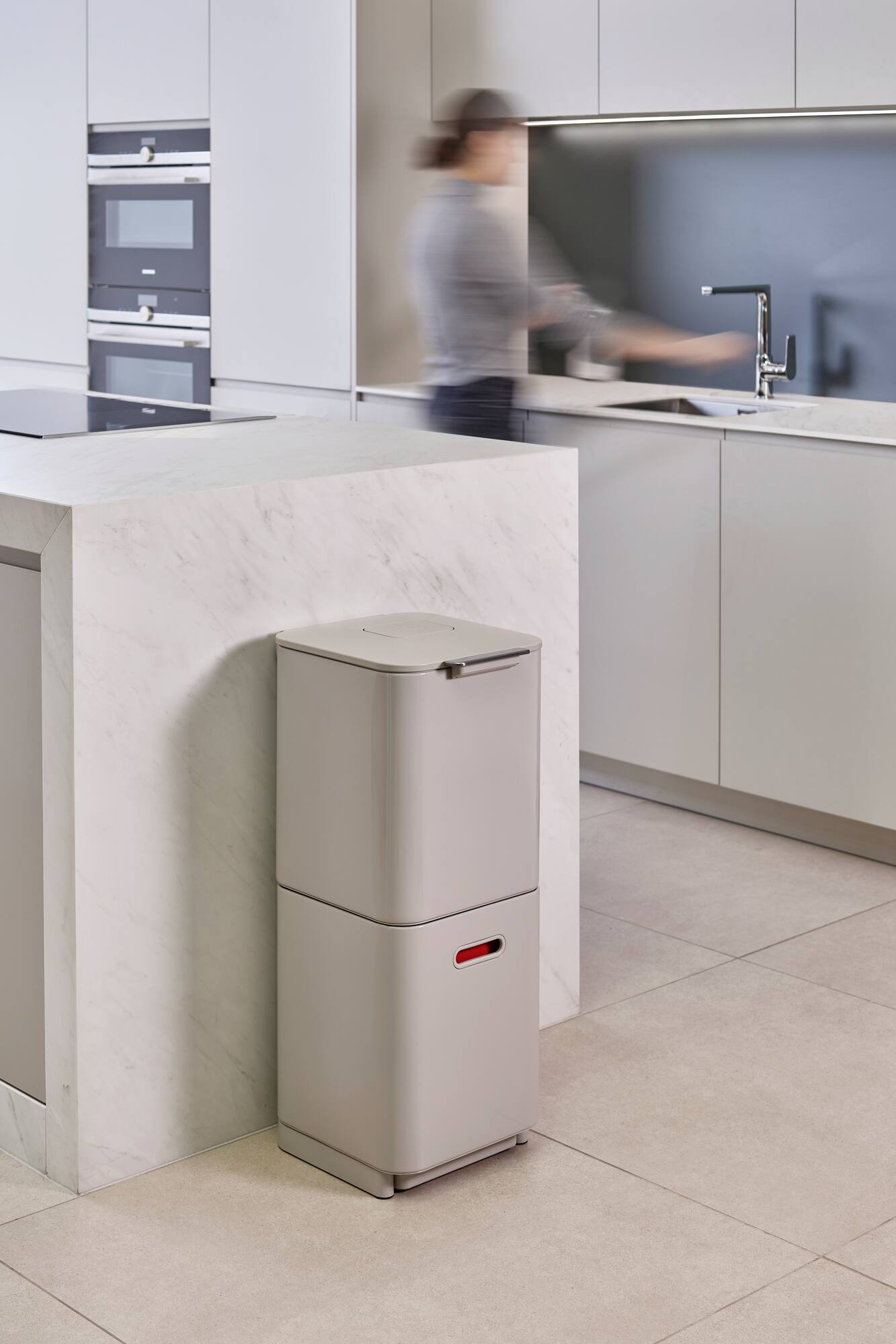 Alt View 1. Joseph Joseph - Totem Compact 40-liter Waste & Recycling Dual Kitchen Trash Can - Stone.