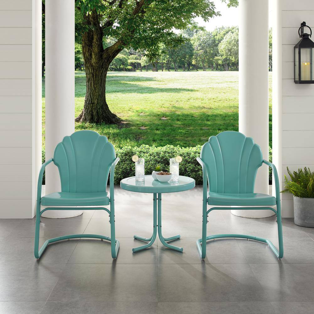 Alt View 3. Crosley Furniture - Tulip 3Pc Retro Outdoor Chair Set - Side Table & 2 Chairs - Pastel Blue Satin.