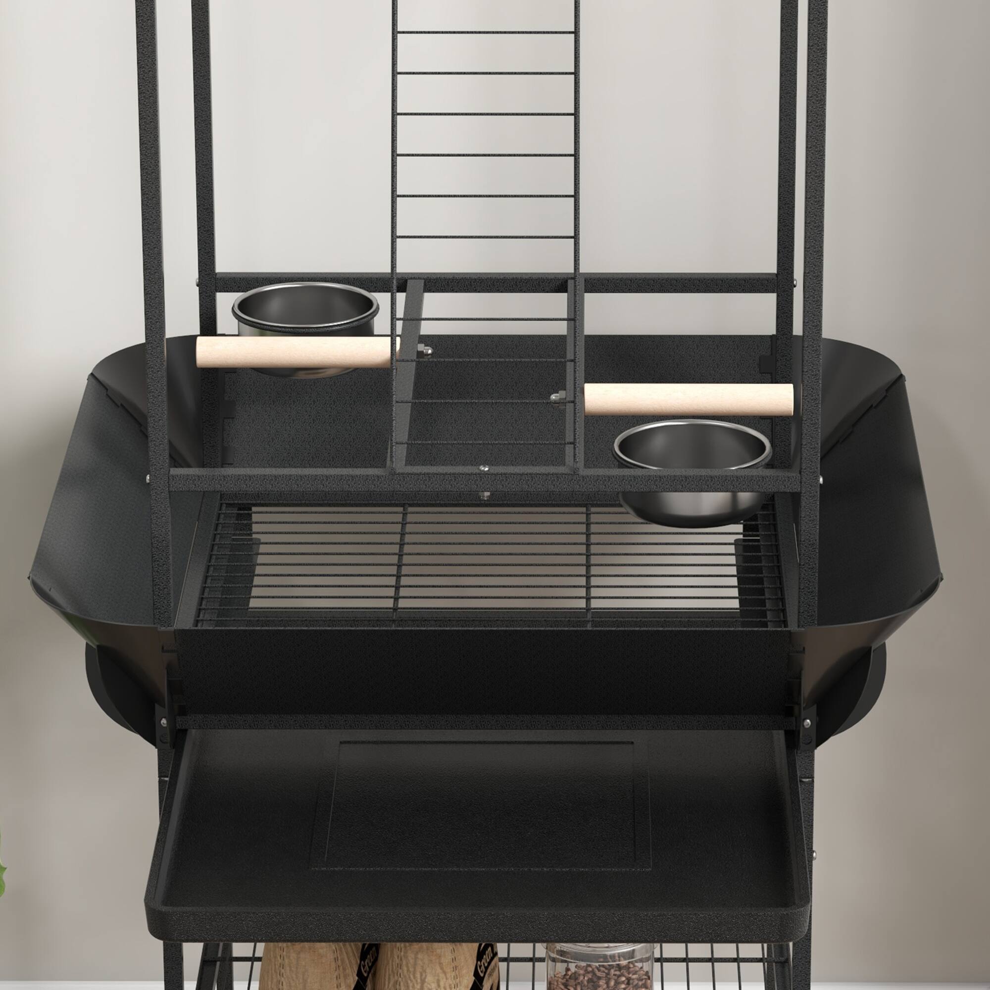 Alt View 4. Pawhut - Bird Stand with Wheels, Perches, Stainless Steel Feed Bowls, Pull-Out Tray, Toy Hanger, Indoor Outdoor Parrot - Gray.