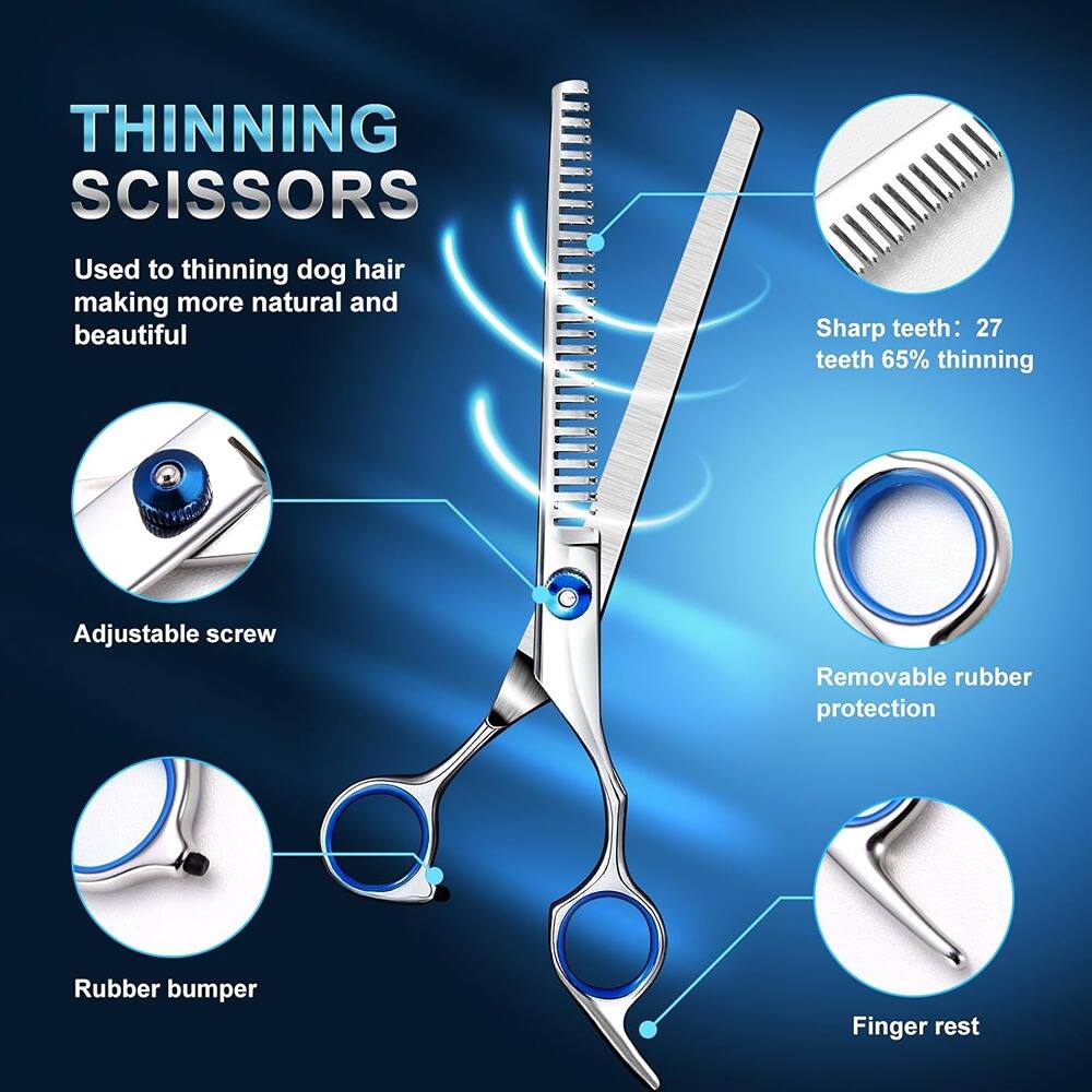 **THINNING SCISSORS**

Used to thinning dog hair making more natural and beautiful

- Sharp teeth: 27 teeth 65% thinning
- Adjustable screw
- Removable rubber protection
- Rubber bumper
- Finger rest
