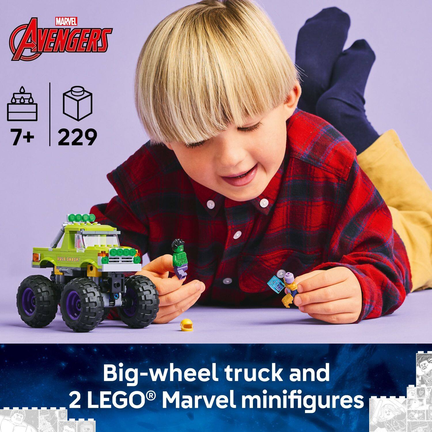 The text on the image is grouped and corrected as follows:
"Marvel Avengers 7+ 229 FLE SALESNATN Big-wheel truck and 2 LEGO Marvel minifigures."
