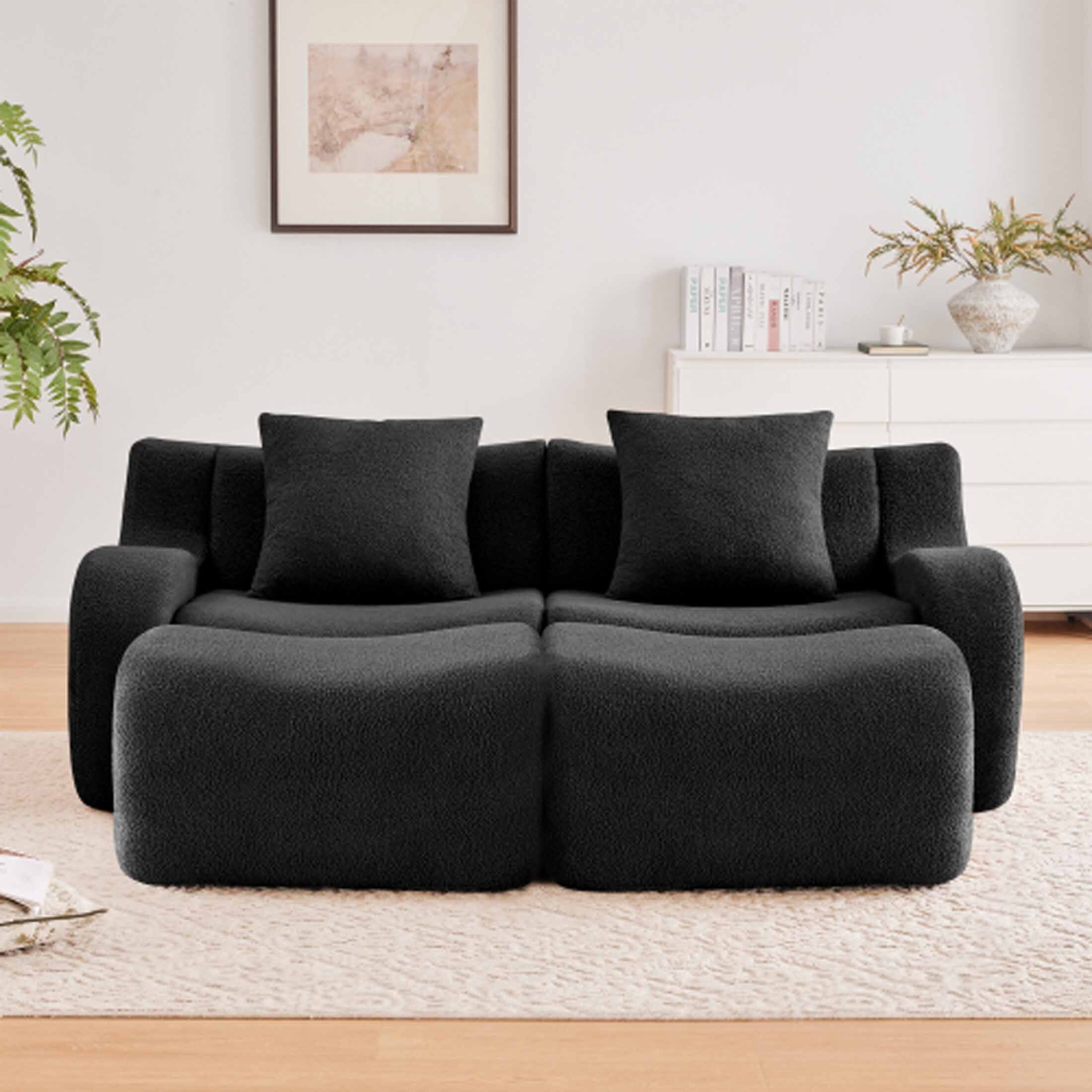 Angle. Aukfa - Modular Teddy Fabric Sofa - 2-Seat Sectional with 2 Ottomans, Soft Boneless Design for Living Room - Black.
