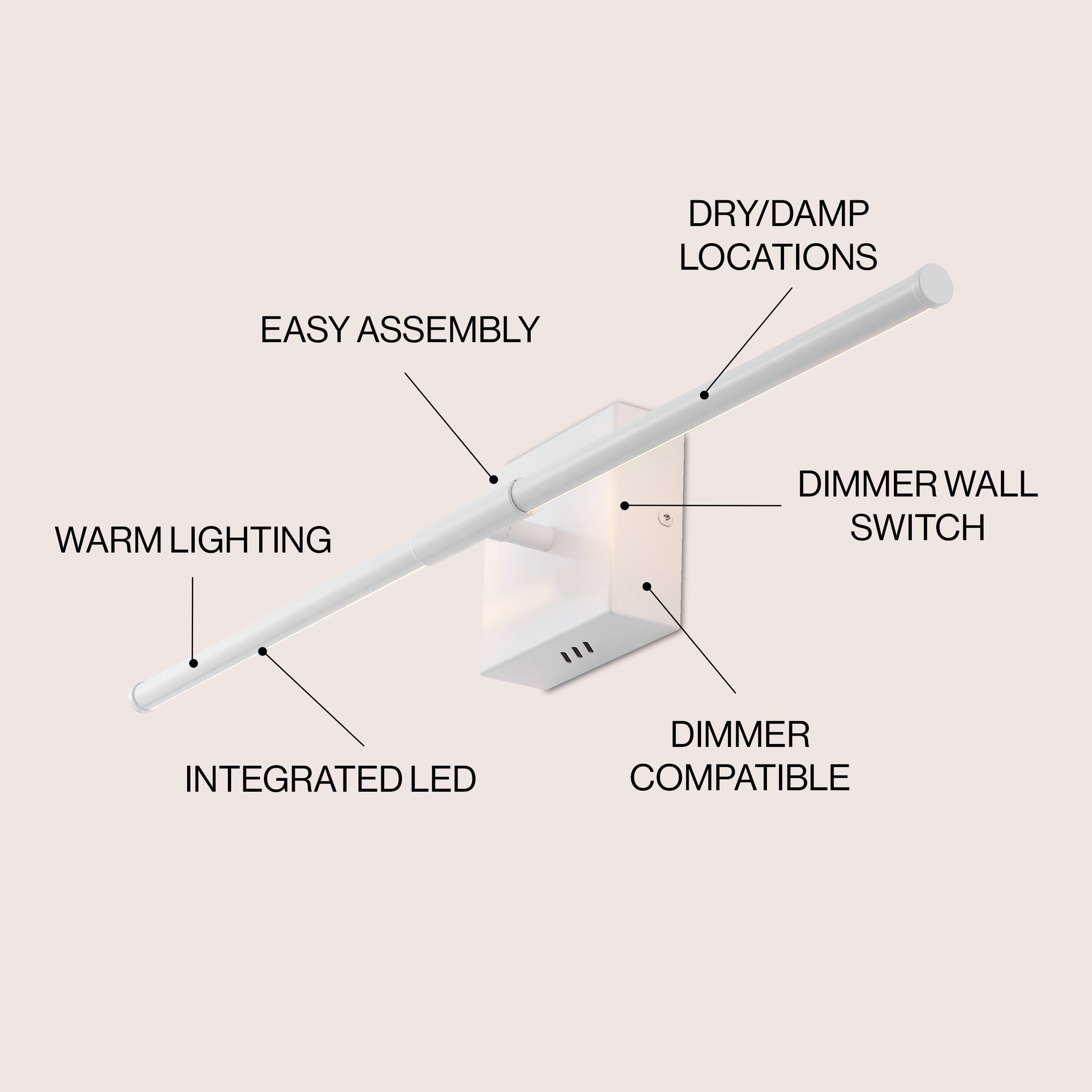 DRY/DAMP LOCATIONS  
EASY ASSEMBLY  
WARM LIGHTING  
DIMMER WALL SWITCH  
INTEGRATED LED  
DIMMER COMPATIBLE