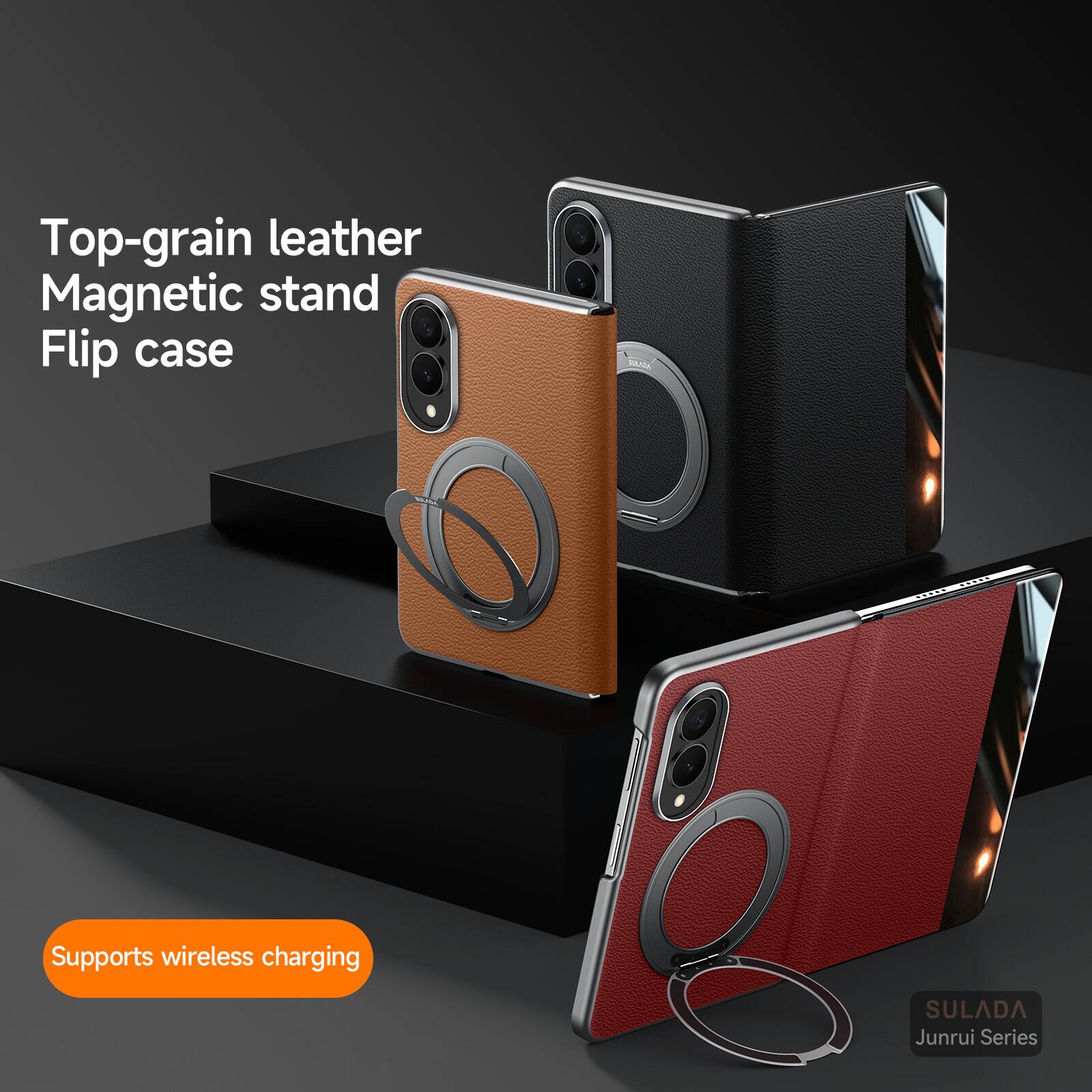 Top-grain leather Magnetic stand Flip case  
Supports wireless charging  
SULADA Junrui Series