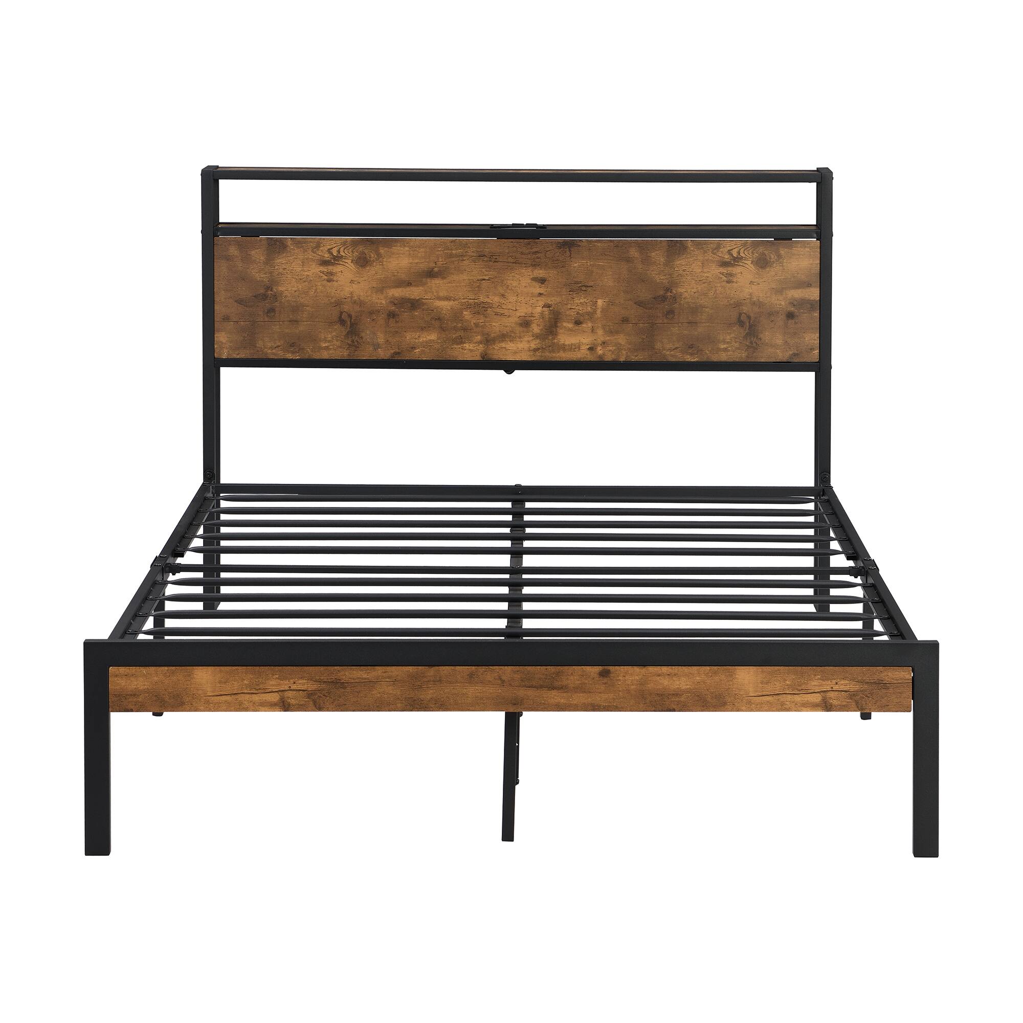 Back. Trinkets Crazed - Queen Size Metal Platform Bed Frame with Wooden Headboard and Footboard with USB Liner, No Box Spring Needed - Black.
