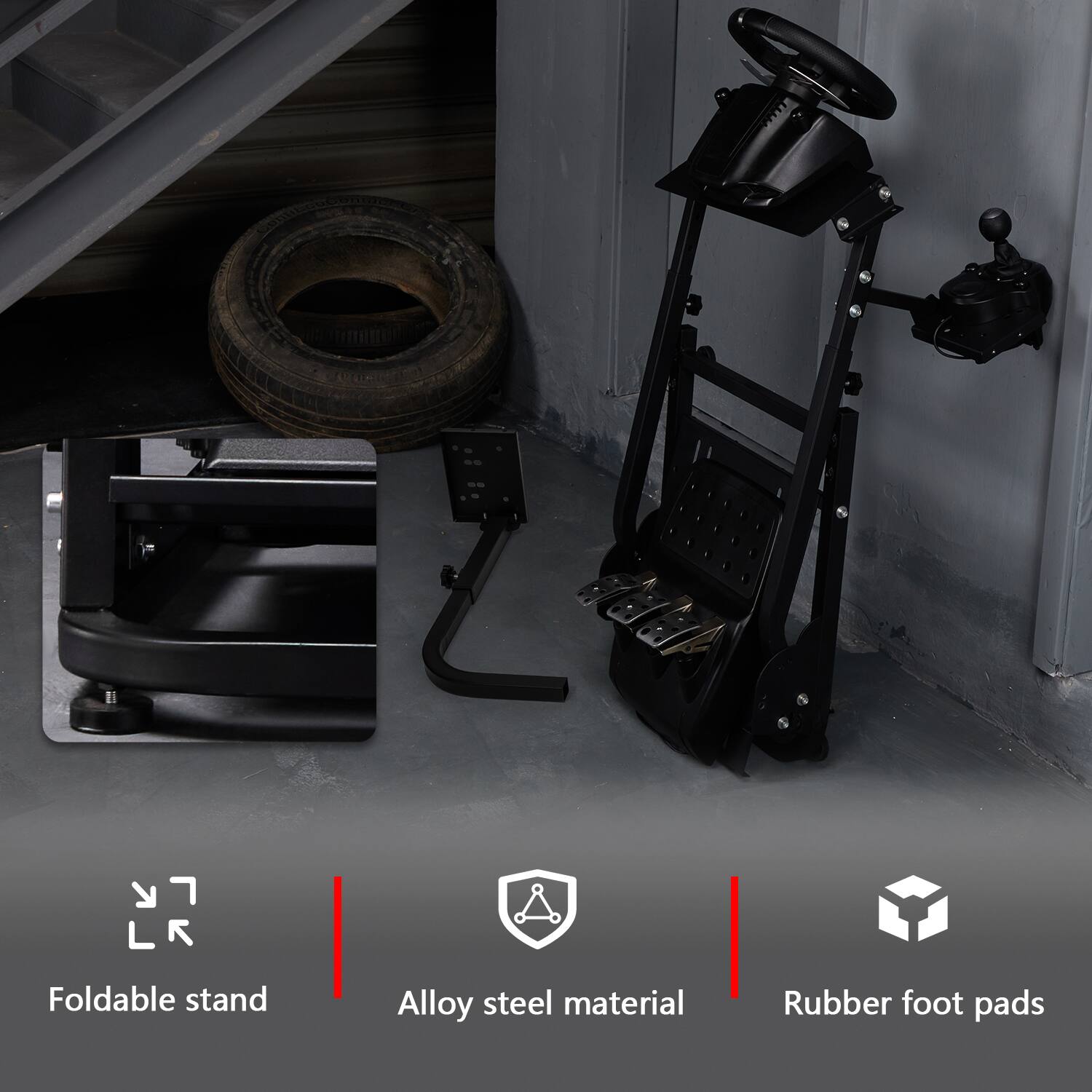 - Foldable stand
- Alloy steel material
- Rubber foot pads