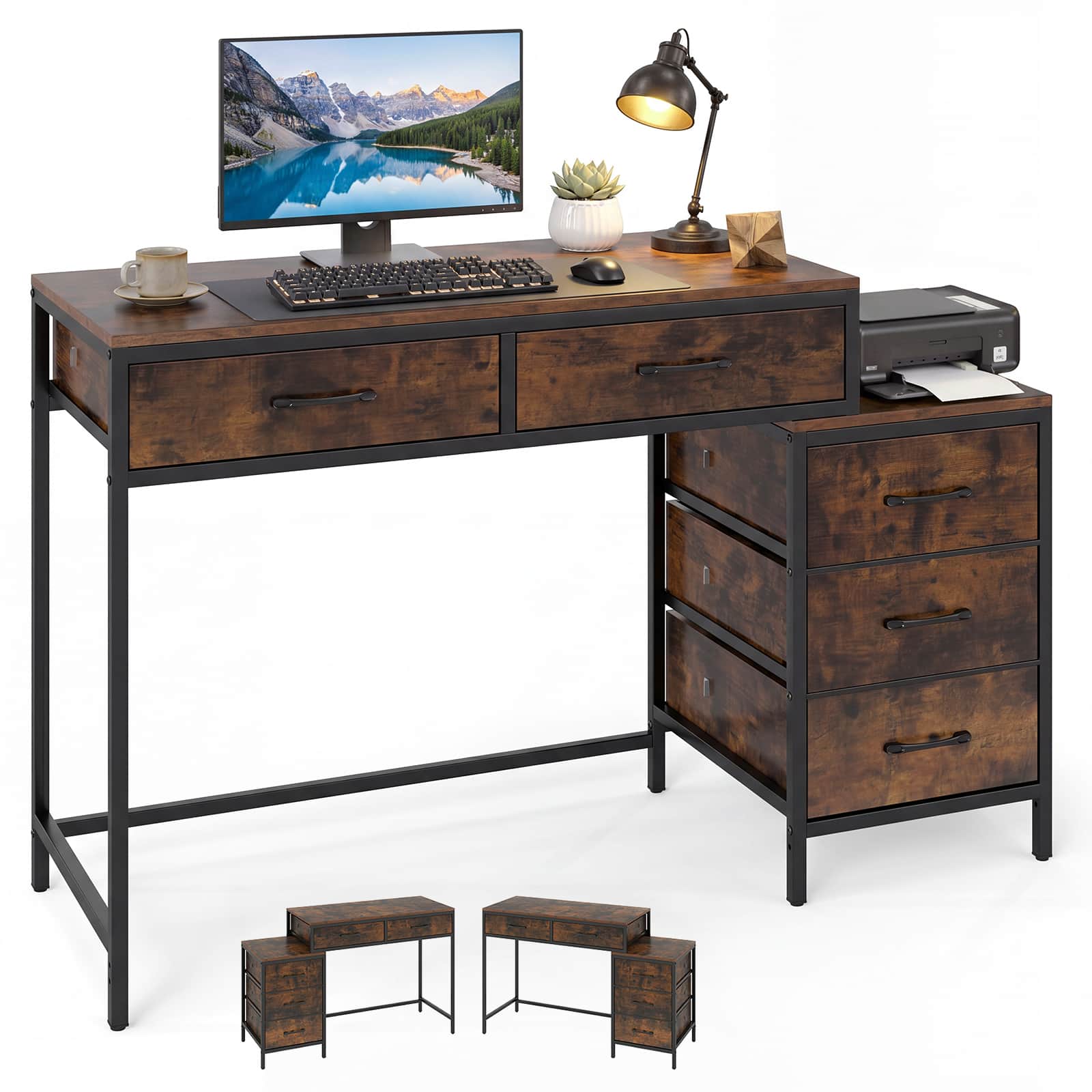 Costway - Computer Desk with 5 Drawers, 51 Inch Home Office Desk with Reversible Drawers - Rustic Brown