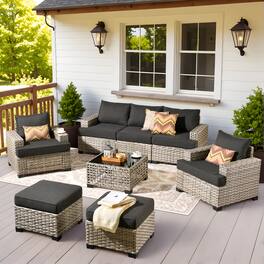 Ovios - 8 PCS Patio Furniture, Wicker Sofa with Coffee Table, High Back Armchair with Ottoman for Garden - Black