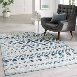 Modway - Reflect Tamako Diamond and Chevron Moroccan Trellis Indoor / Outdoor Area Rug - Ivory and Blue