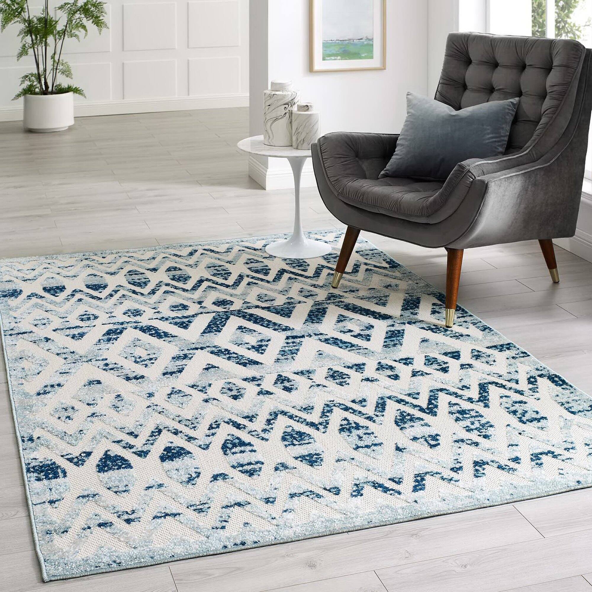 Modway - Reflect Tamako Diamond and Chevron Moroccan Trellis Indoor / Outdoor Area Rug - Ivory and Blue