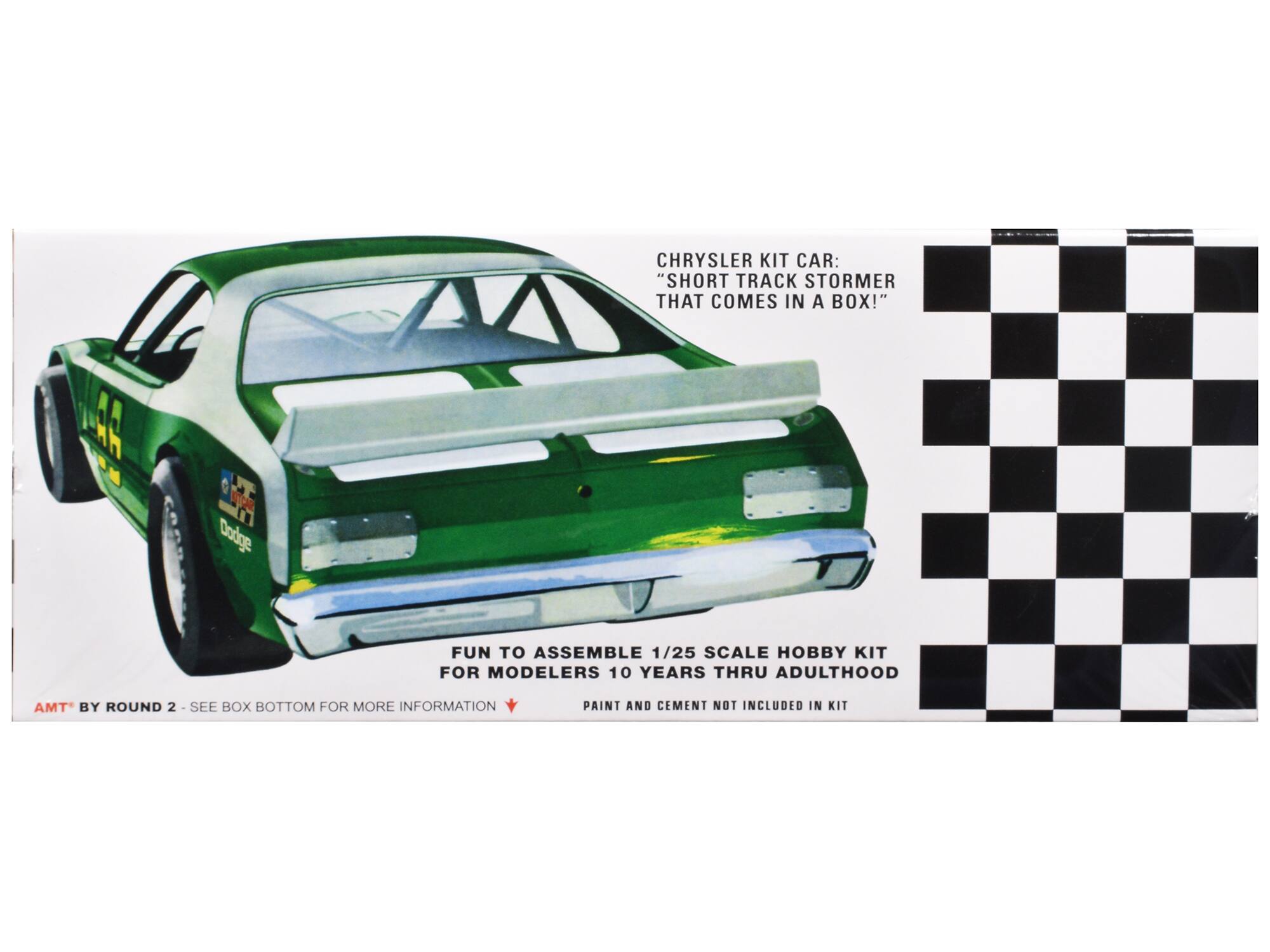 CHRYSLER KIT CAR:  
"SHORT TRACK STORMER THAT COMES IN A BOX!"  

FUN TO ASSEMBLE 1/25 SCALE HOBBY KIT FOR MODELERS 10 YEARS THRU ADULTHOOD  

AMT BY ROUND 2 - SEE BOX BOTTOM FOR MORE INFORMATION  

PAINT AND CEMENT NOT INCLUDED IN KIT