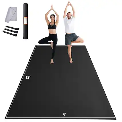 Front. VEVOR - Exercise Mat, Non Slip High Density Premium Yoga Mat, Fitness & Exercise Mat with Bag & Carry Strap, (12x6ft) - Black.