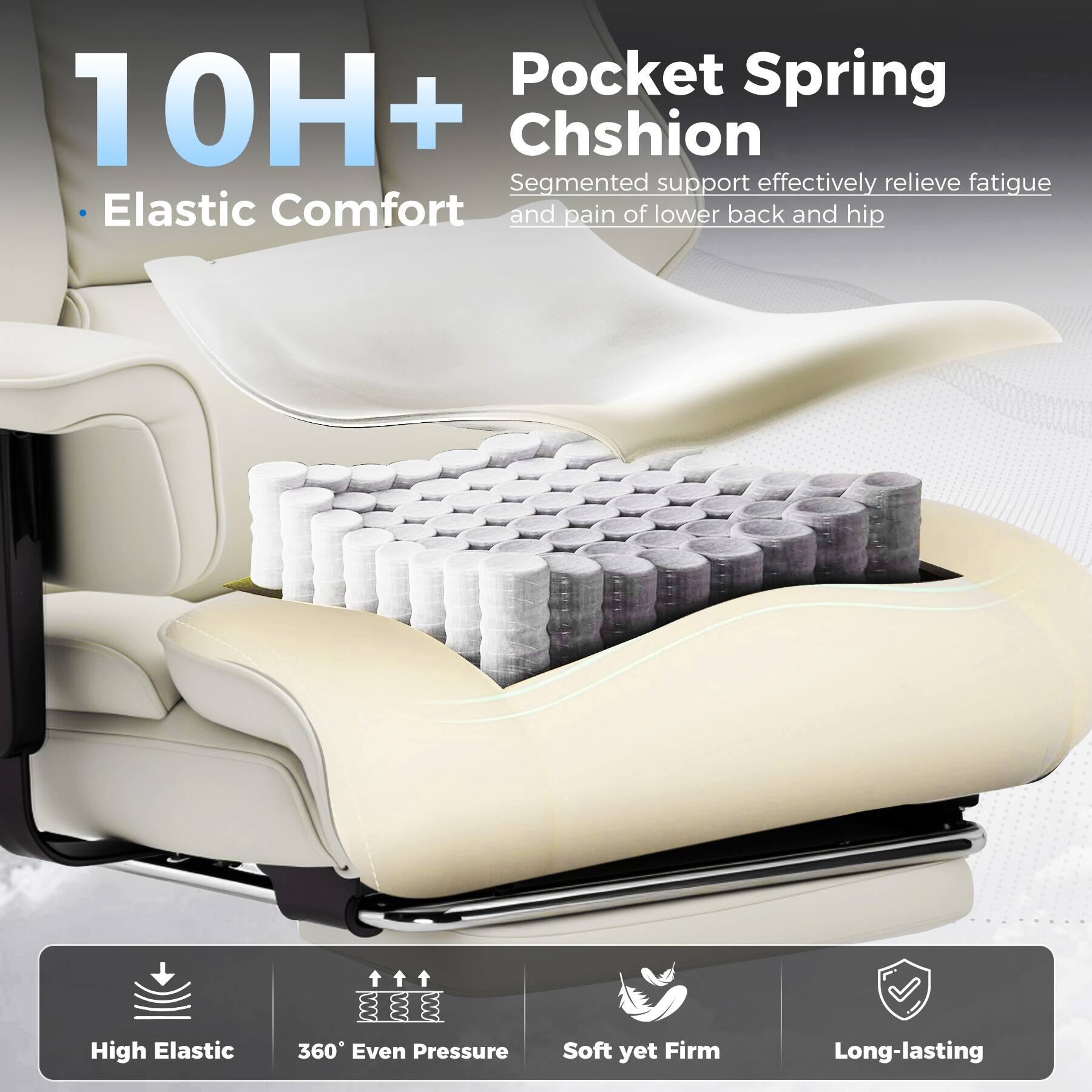 Pocket Spring 10H+ Chshion, Segmented support effectively relieve fatigue and pain of lower back and hip, Elastic Comfort, High Elastic, 360° Even Pressure, Soft yet Firm, Long-lasting