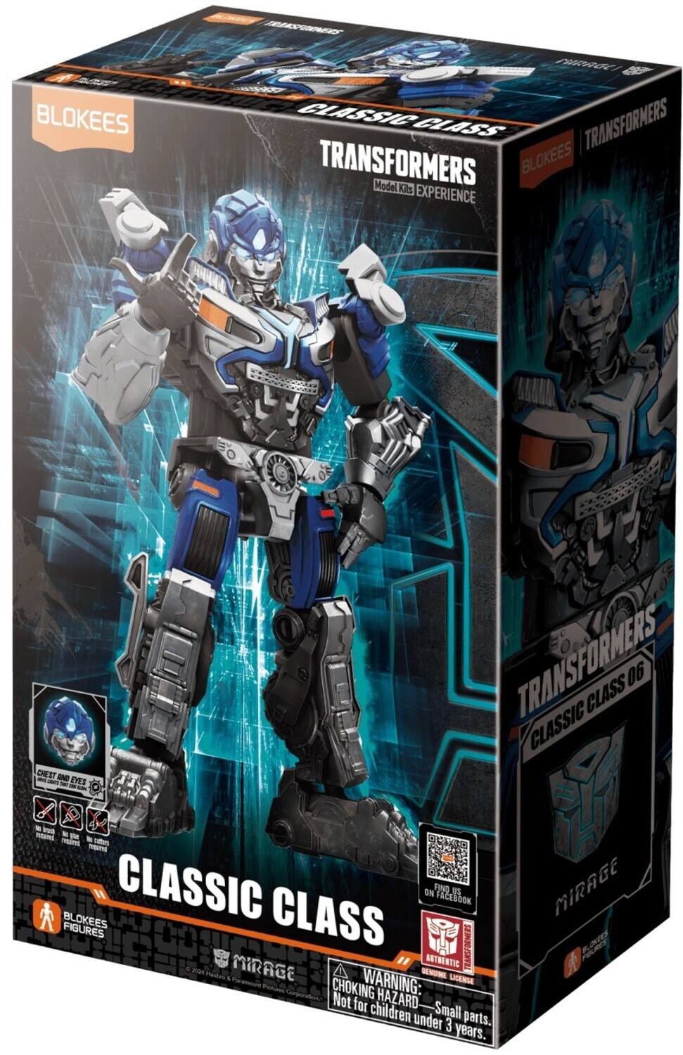 BLOKEES  
TRANSFORMERS  
Model Kits EXPERIENCE  
CLASSIC CLASS  
TRANSFORMERS CLASS 06  
CLASSIC  
BLOKEES CLASSIC  
AUTHENTIC  
LICENSE  
HANDMADE  
CHOKING HAZARD: Not for children under 3 years.  
MIRAGE  
FIND US ON FACEBOOK  
BLOKEES FIGURES  
©2004 Hasbro & Paramount Pictures Corporation