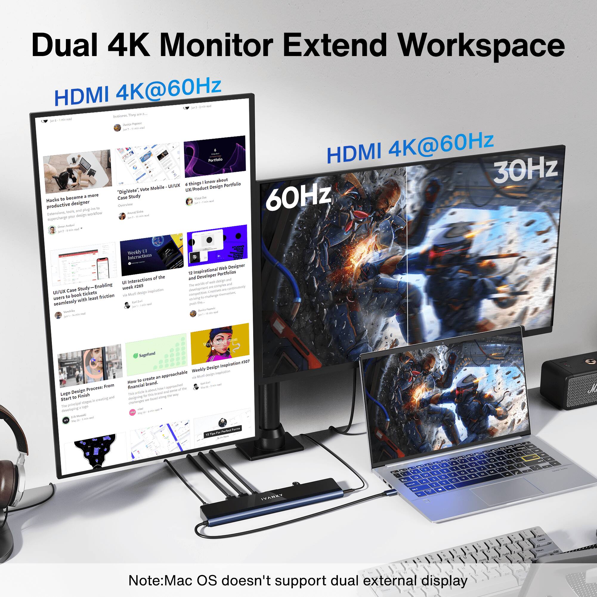 Dual 4K Monitor Extend Workspace

HDMI 4K@60Hz

HDMI 4K@60Hz

30Hz

Note: Mac OS doesn't support dual external display