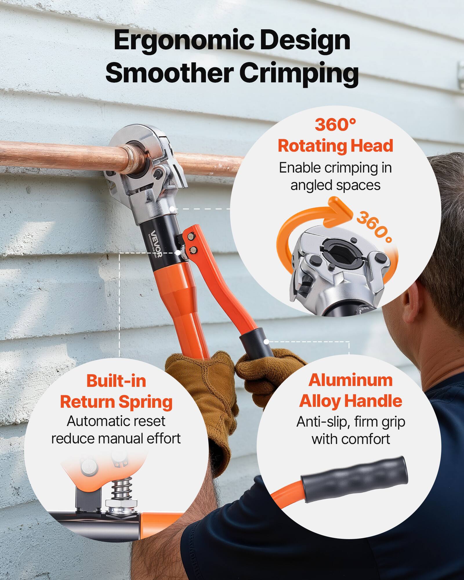 Ergonomic Design  
Smoother Crimping  

360° Rotating Head  
Enable crimping in angled spaces  

Built-in Return Spring  
Automatic reset reduce manual effort  

Aluminum Alloy Handle  
Anti-slip, firm grip with comfort