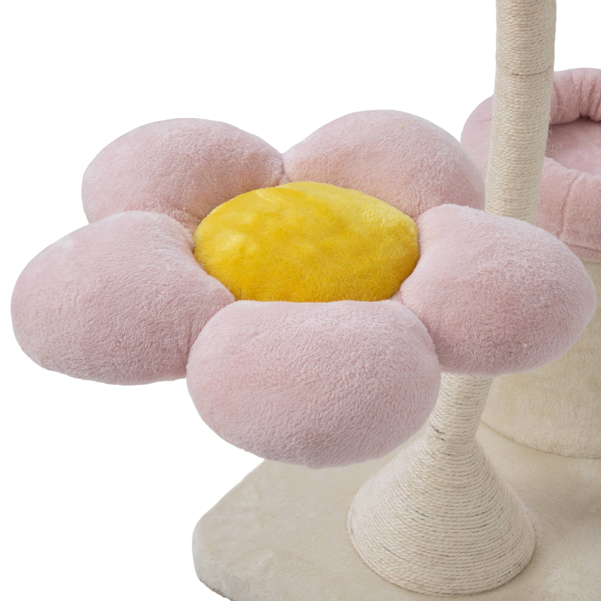 Back. Siljoy - Pink & Beige Flower Cat Tree with Blooming Platforms, Cylindrical Condo & Dangling Toys, Modern Indoor Cat Tower.