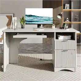 Bestier - 55 Inch Fluted Computer Office Desk with Keyboard Tray Power Outlets and 2 Storage Drawers - White