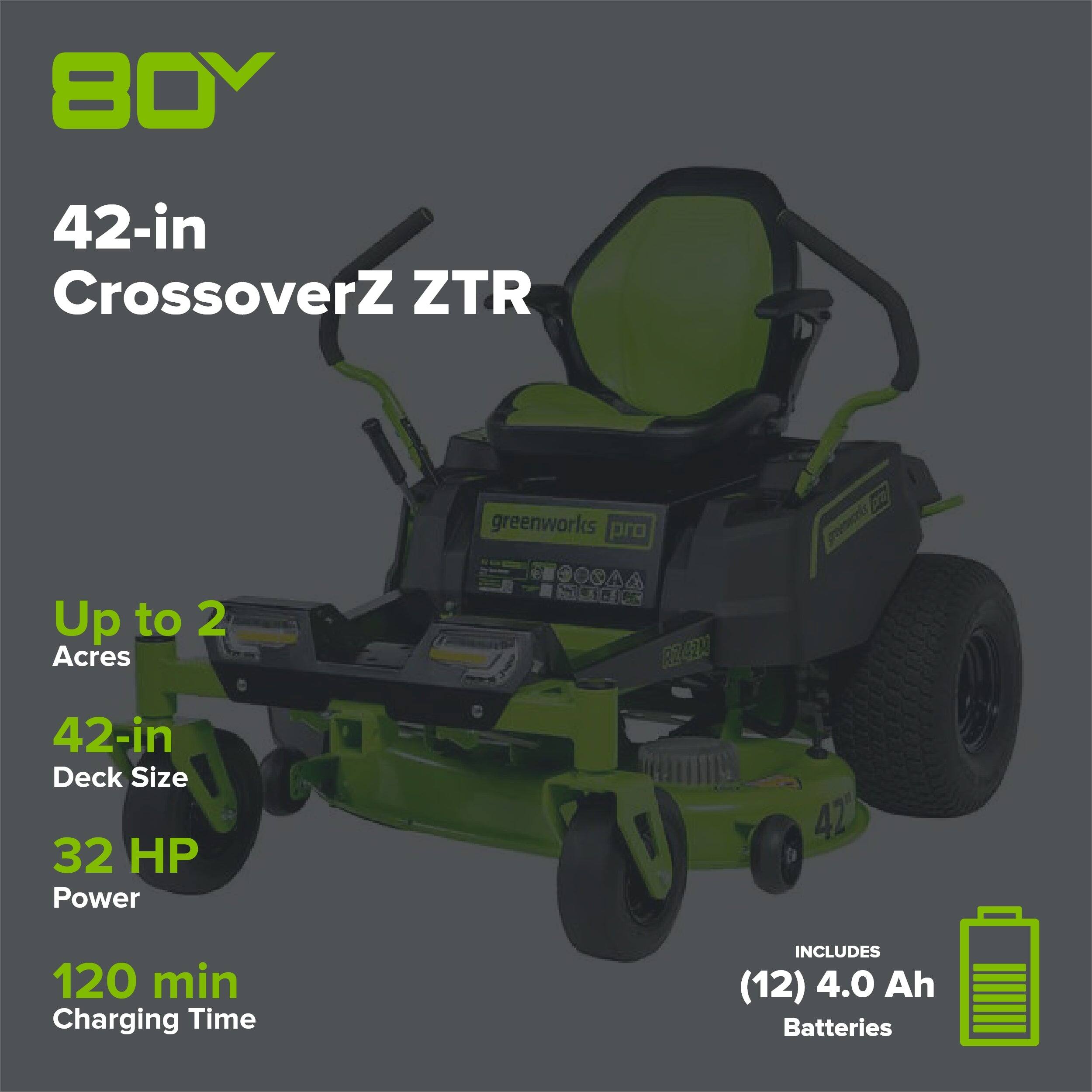 80 42-in CrossoverZ ZTR greenworks pro (ora) greenworks Up to 2 Acres R8410 42-in Deck Size 32 HP Power 120 min Charging Time INCLUDES (12) 4.0 Ah Batteries