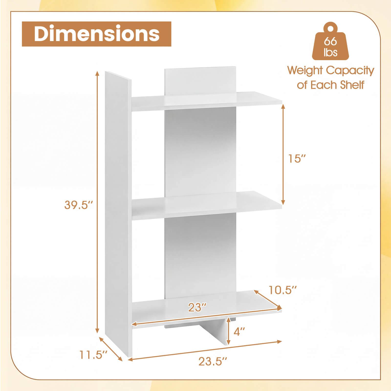 Dimensions: 15" x 39.5" x 23" x 10.5" x 4" x 11.5" x 23.5"  
Weight Capacity of Each Shelf: 66 lbs