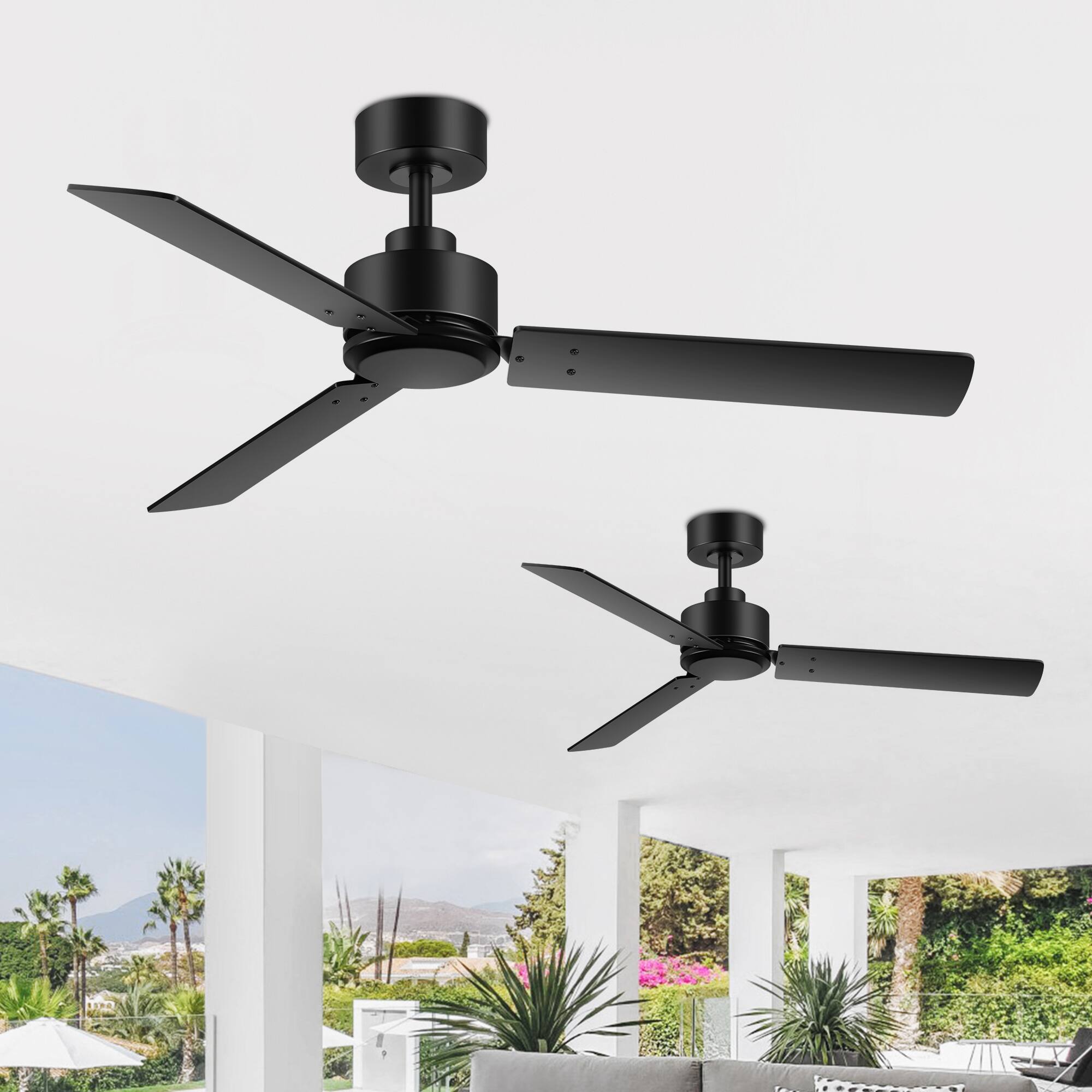 Back. Breezary - 48-Inch Indoor Ceiling Fan with 3 Plywood Blades, DC Motor, 6-Speed Remote, 5'' Downrod,  Light/No Light, 1 or 2-Pack - Black-2 Pack (Without Light).