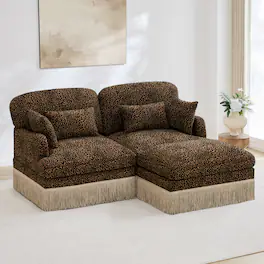 Anysun - Comfy Chenille Leopard Loveseat w/ Tassel, Movable Ottoman, Modern, Ergonomic, Easy Assembly, Deep Seat - Brown