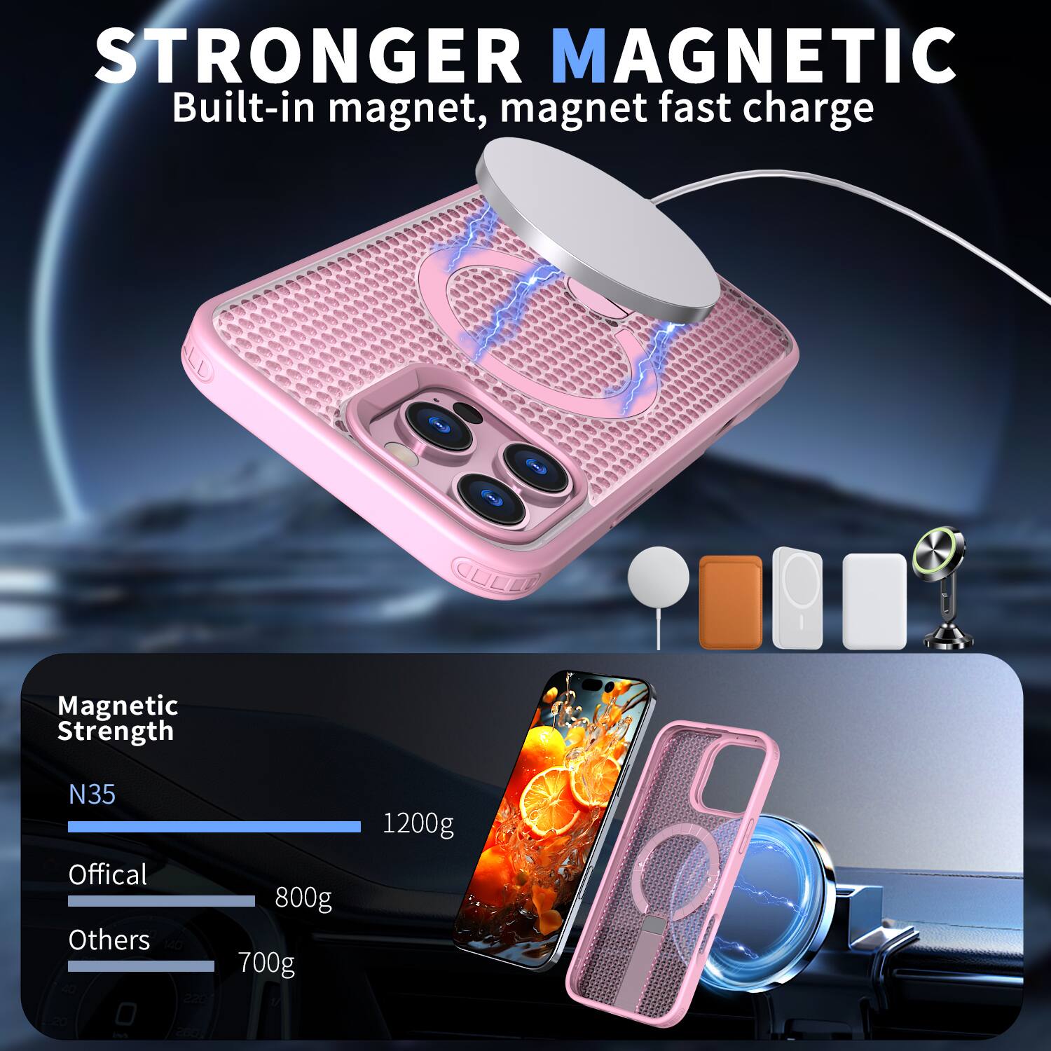 STRONGER MAGNETIC  
Built-in magnet, magnet fast charge  

Magnetic Strength  
N35  
Official 800g  
Others 700g  
1200g