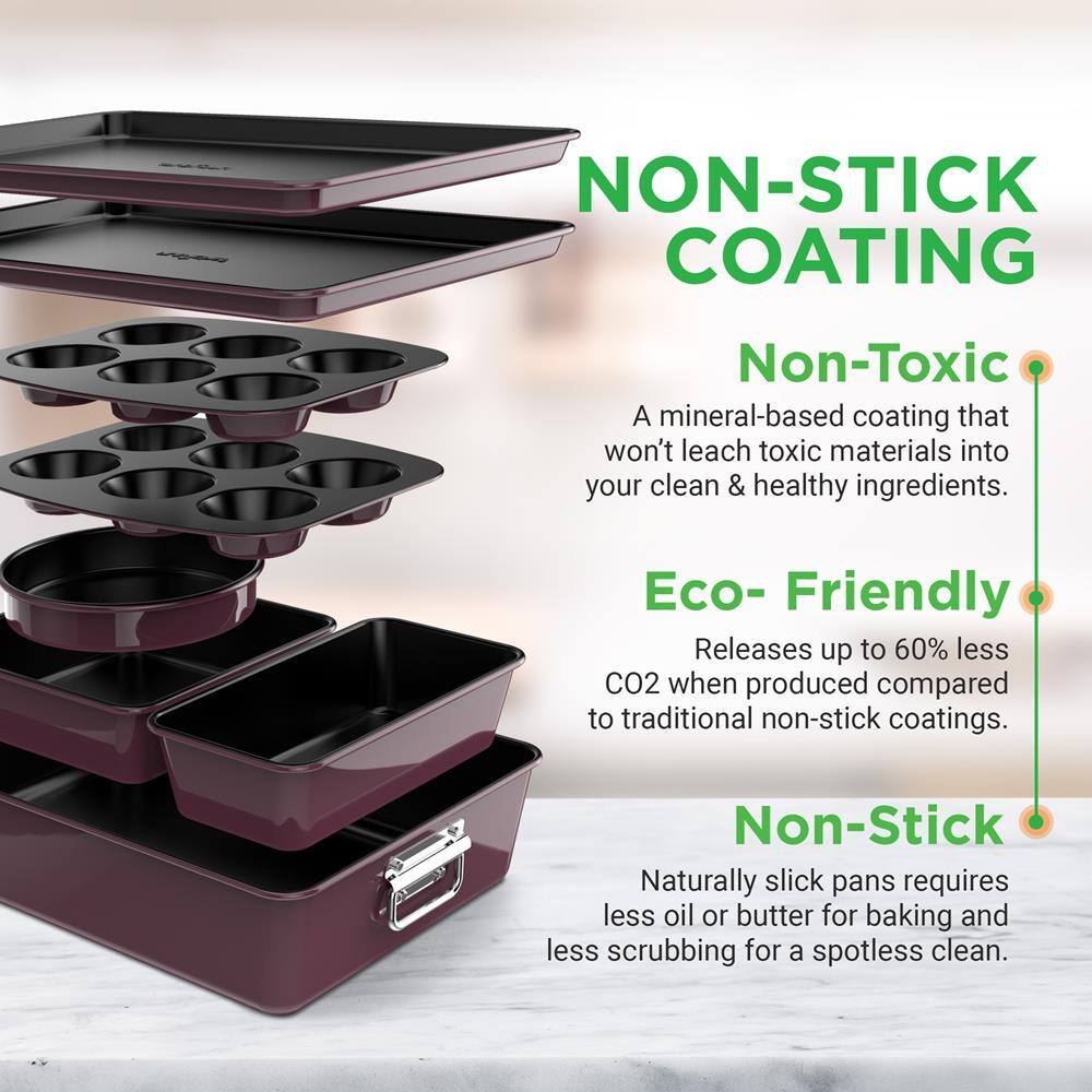 **NON-STICK COATING**

- **Non-Toxic**  
  A mineral-based coating that won't leach toxic materials into your clean & healthy ingredients.

- **Eco-Friendly**  
  Releases up to 60% less CO2 when produced compared to traditional non-stick coatings.

- **Non-Stick**  
  Naturally slick pans require less oil or butter for baking and less scrubbing for a spotless clean.