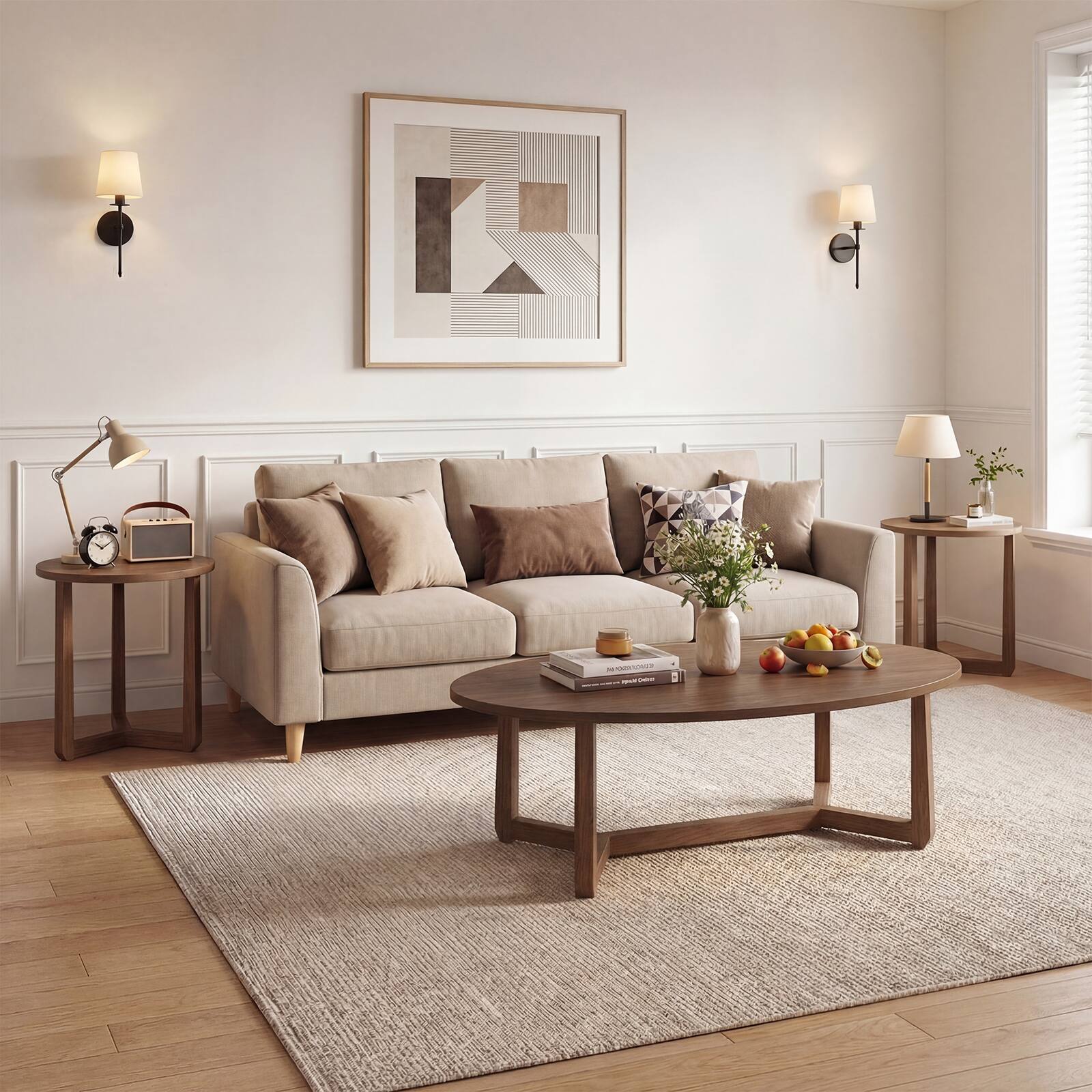 Alt View 3. Costway - Costway Nesting Coffee Table Set of 3 Oval Accent Table & Round Sofa Side Table - Walnut.