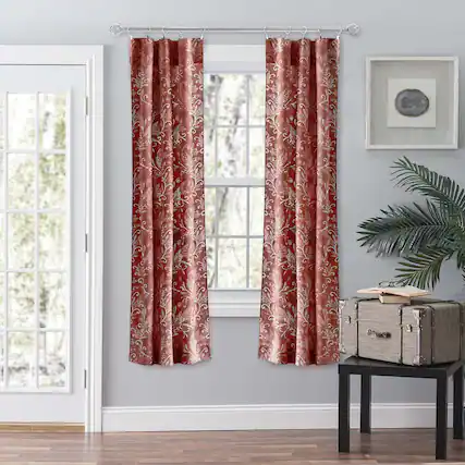 Front. Ellis Curtain - Ellis Curtain Lexington Leaf Pattern on Colored Ground Curtain Pair with Ties 56"x84" Brick - Brick.
