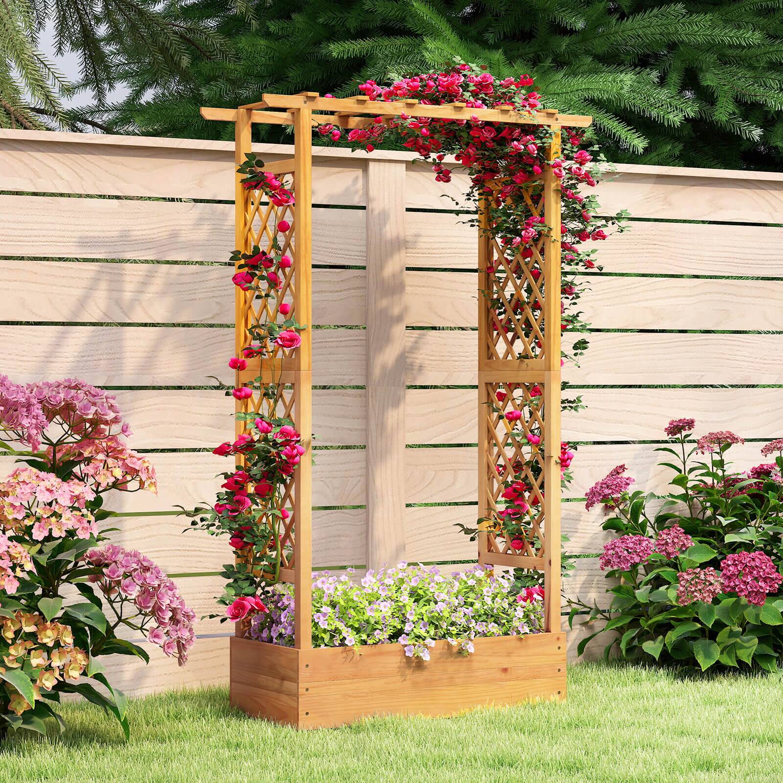 Alt View 1. Costway - Costway 2 PCS 70" Wooden Raised Garden Bed with Lattice Trellis Hanging Roof Open-Ended Base - Natural.