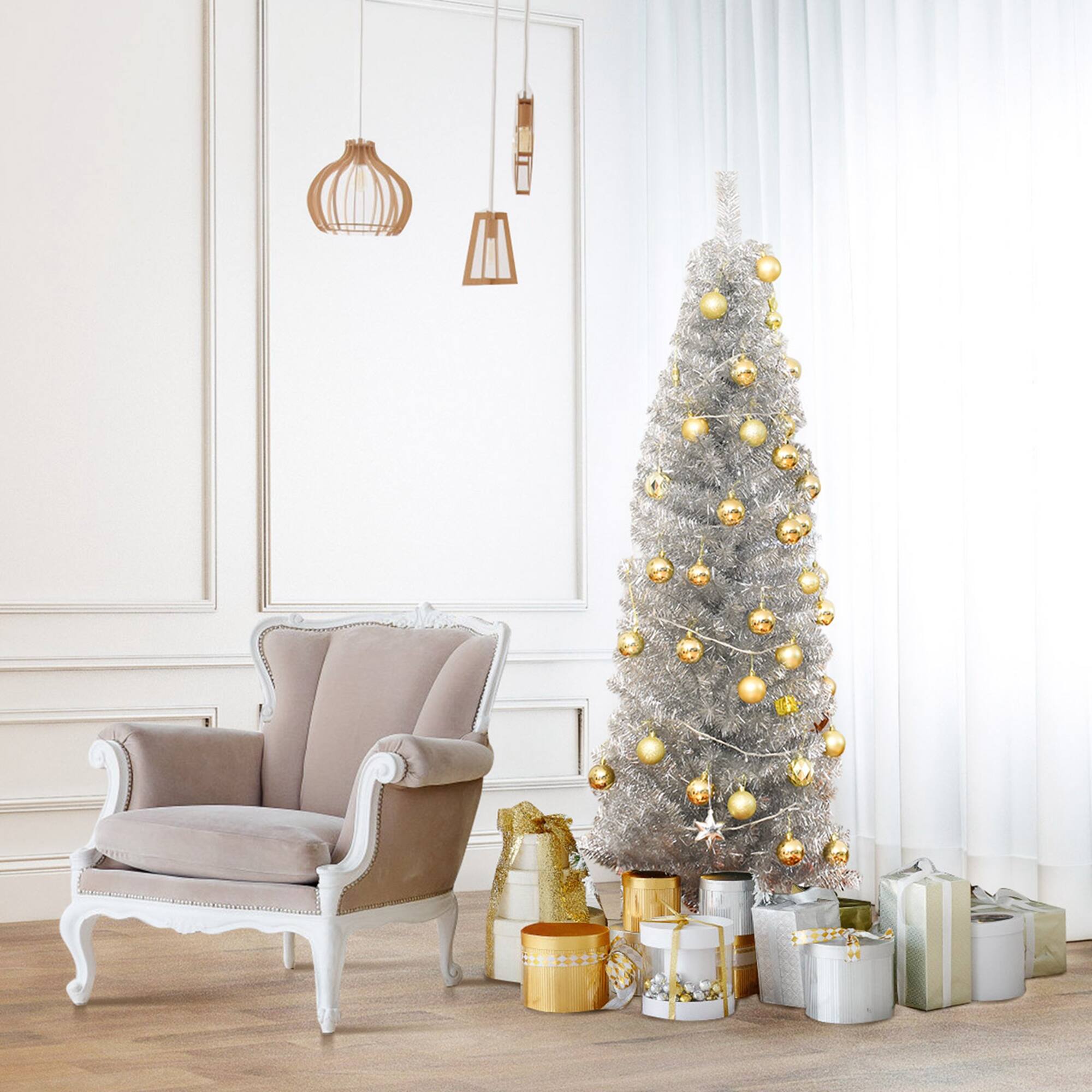 Alt View 13. Costway - 6FT Tinsel Tree Unlit Slim Pencil Christmas Tree Metal - Silver.