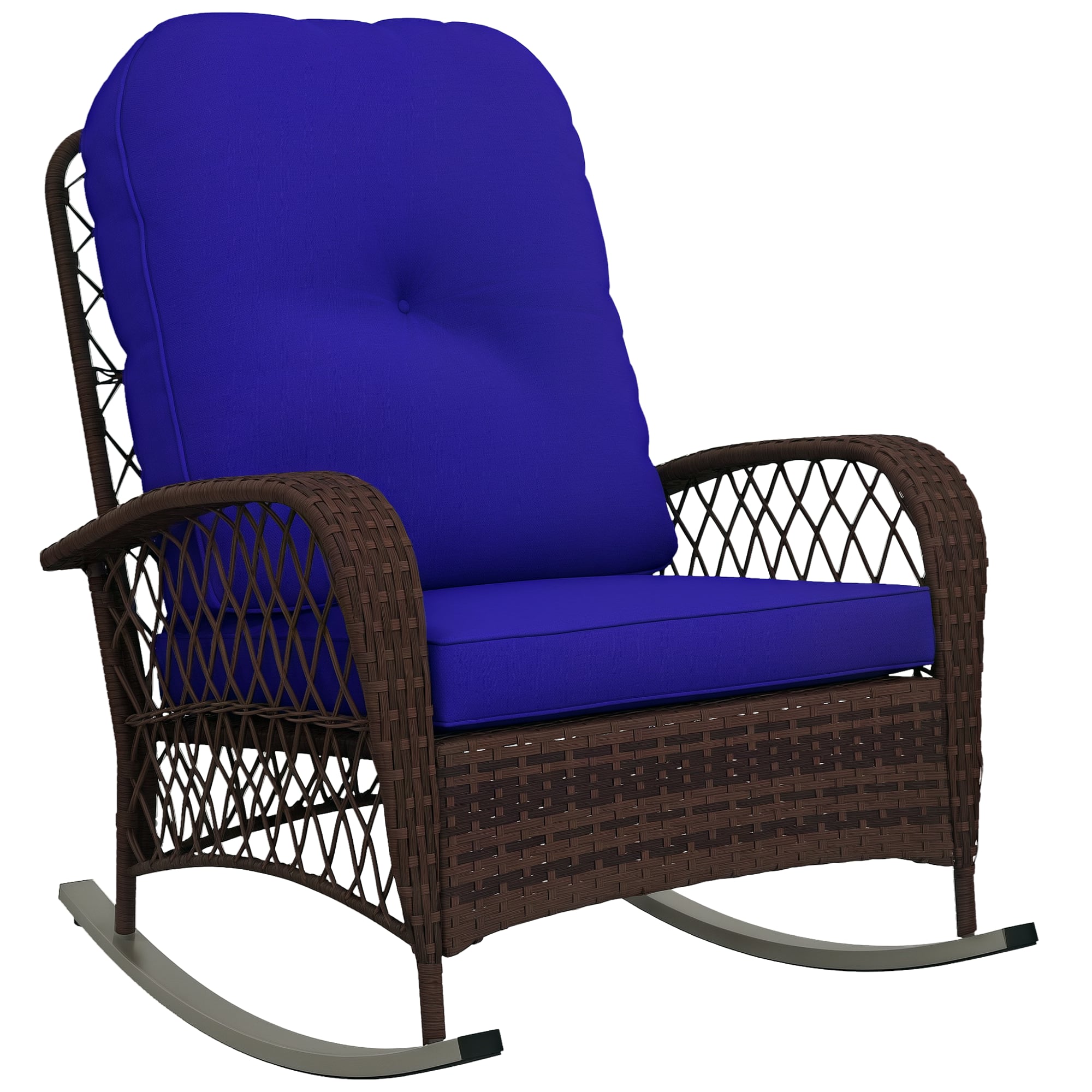 Outsunny - Outdoor Wicker Rocking Chair with Wide Seat, Thickened Cushion, Rattan Rocker with Steel Frame - Dark Blue