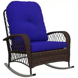 Outsunny - Outdoor Wicker Rocking Chair with Wide Seat, Thickened Cushion, Rattan Rocker with Steel Frame - Dark Blue