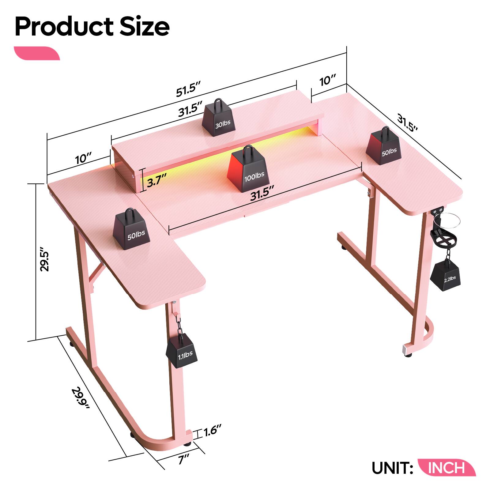 Product Size

- Length: 51.5"
- Width: 31.5"
- Height: 10"
- Depth: 10"
- Thickness: 3.7"
- Weight Capacity: 100lbs
- Leg Height: 29.5"
- Leg Width: 7"
- Leg Depth: 1.6"
- Unit: INCH