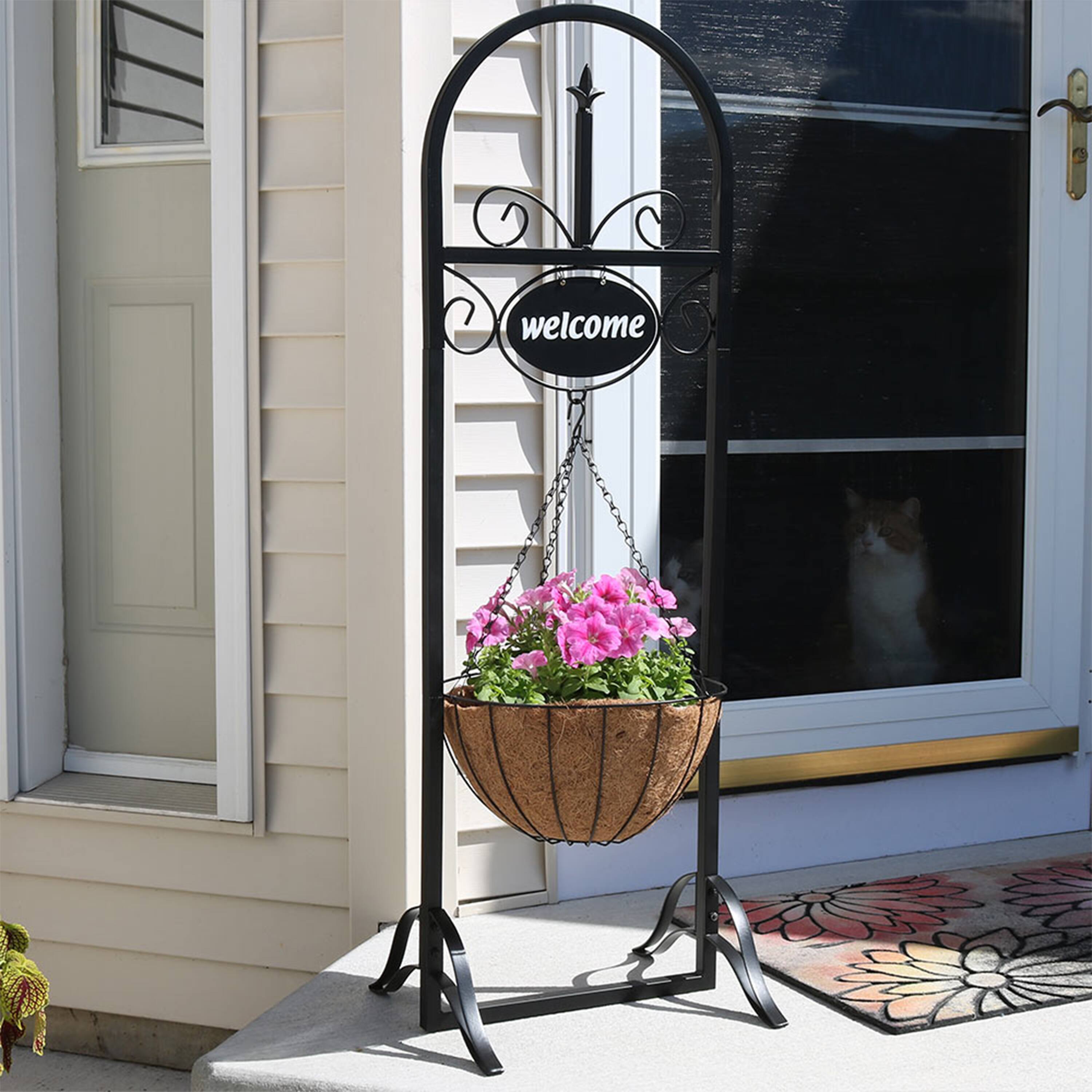 Alt View 3. Sunnydaze - Iron Frame Hanging Basket Planter with Welcome Sign - 48 in - Black.