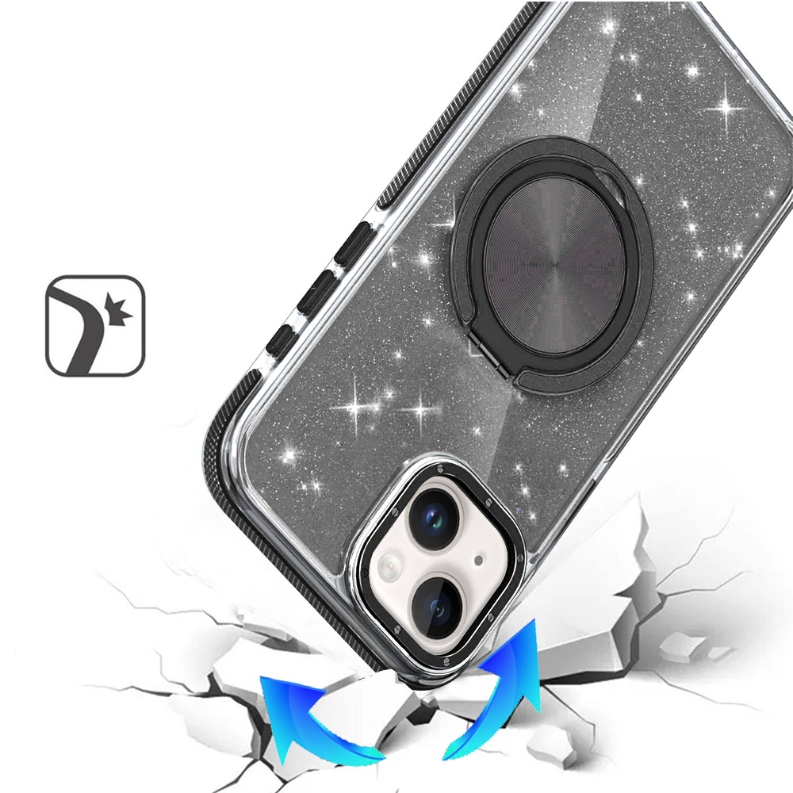 Angle. Kitcheniva - Magnetic Circle Stand Full Glitter Phone Case With 2 Pcs Tempered Glass For iPhone 15 Plus Black - Black.