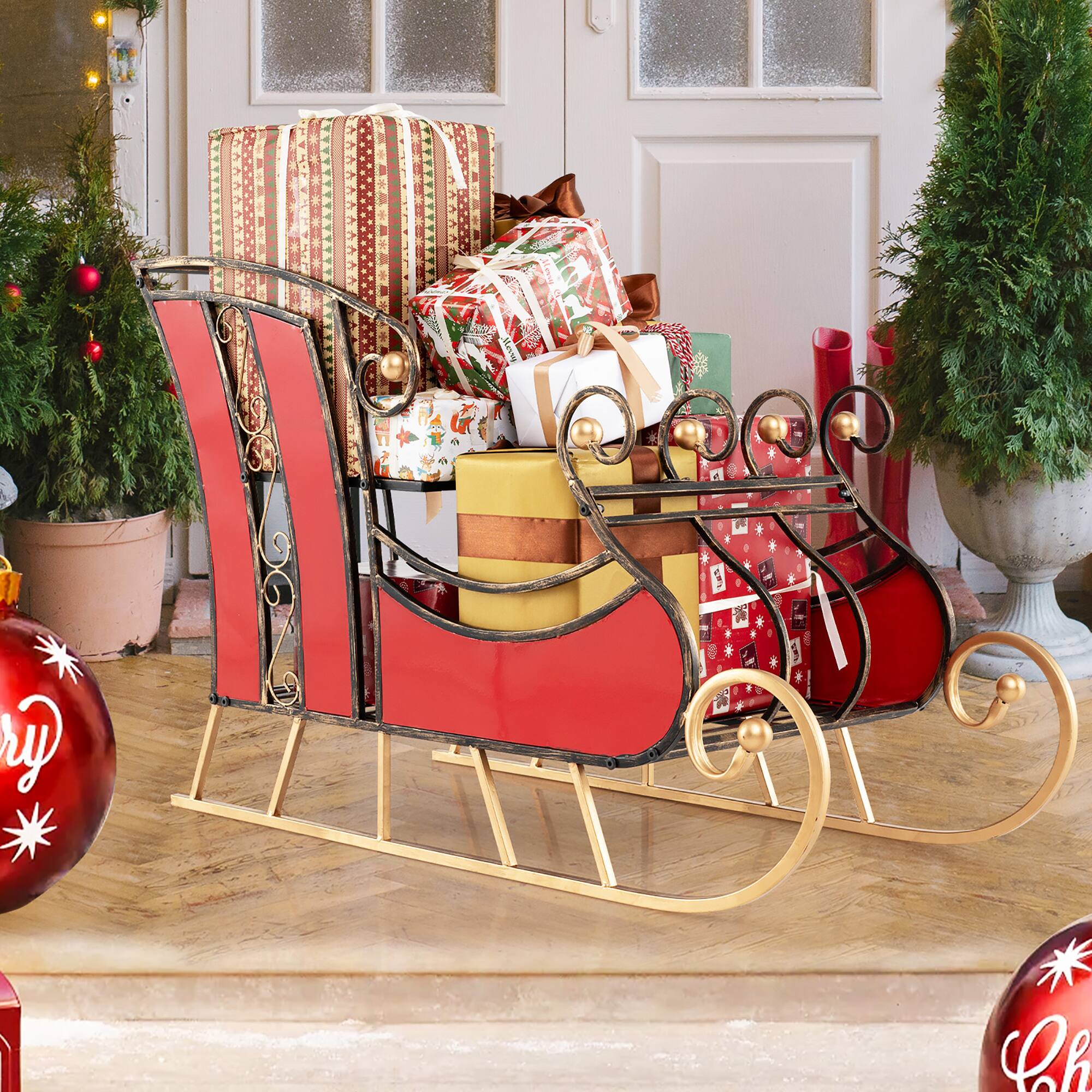 Alt View 3. Gymax - Gymax 23''Christmas Santa Sleigh w/ 2-Tier Storage Shelf Christmas Sleigh Decoration - Red, Black, Gold.