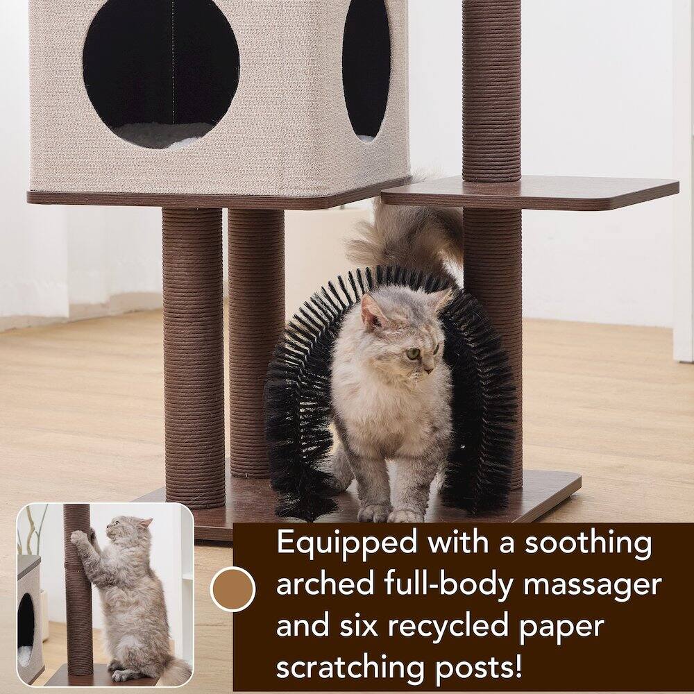 Equipped with a soothing arched full-body massager and six recycled paper scratching posts!