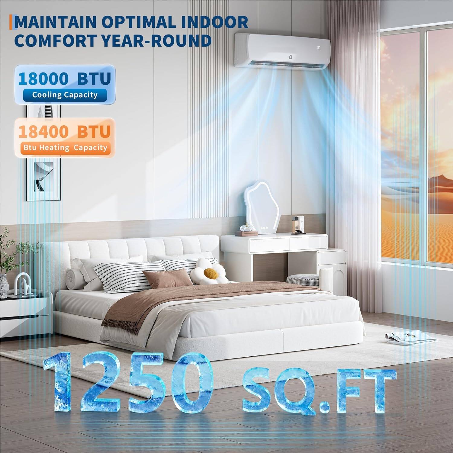 MAINTAIN OPTIMAL INDOOR COMFORT YEAR-ROUND

18000 BTU Cooling Capacity

18400 BTU Btu Heating Capacity

1250 SQ.FT