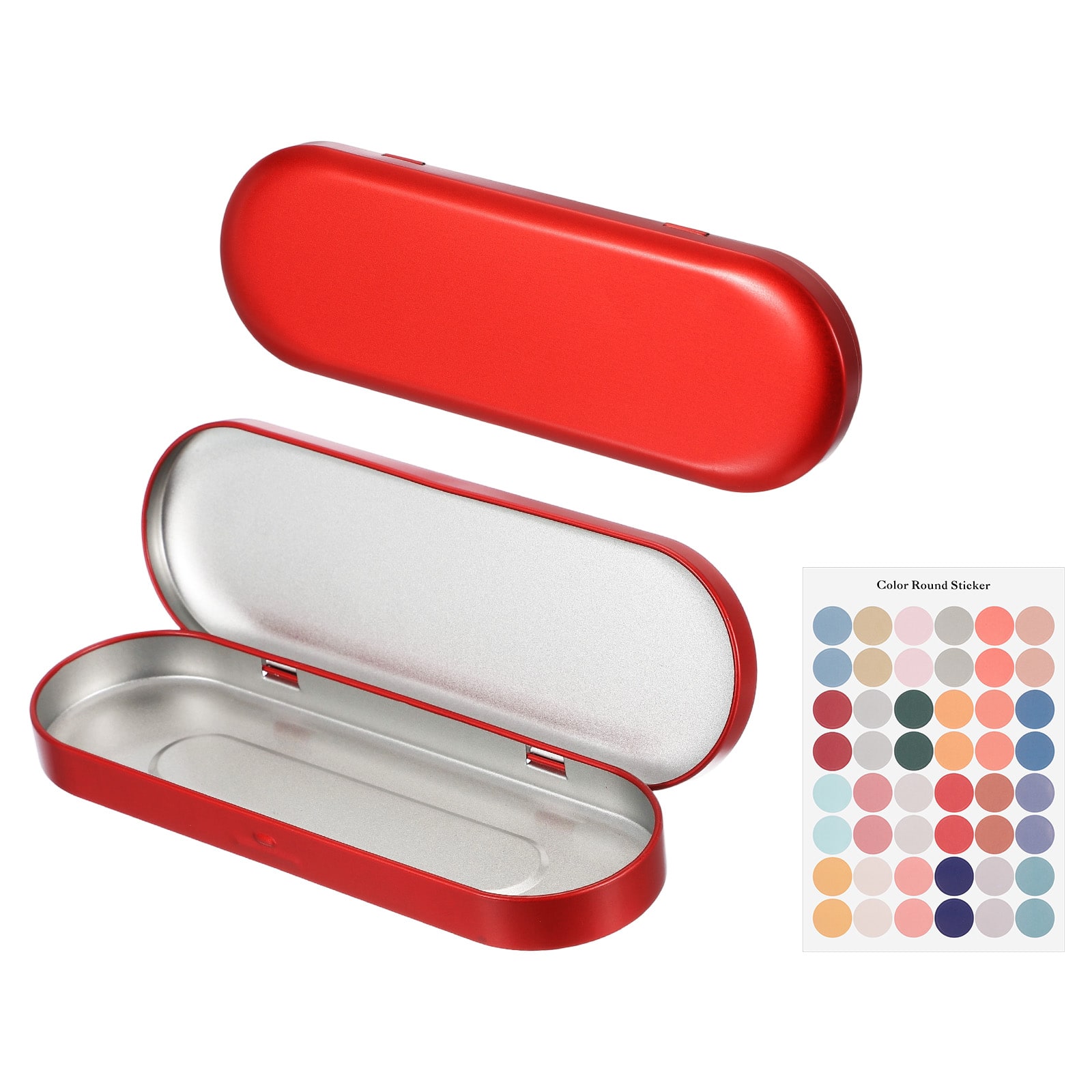 Unique Bargains - 2pcs Metal Tin Box, 6.9x2.4x0.7" Oval Hinged Lid with Self-Adhesive Sticker, Mini Storage for Candy Drawing Pin Crafts - Red