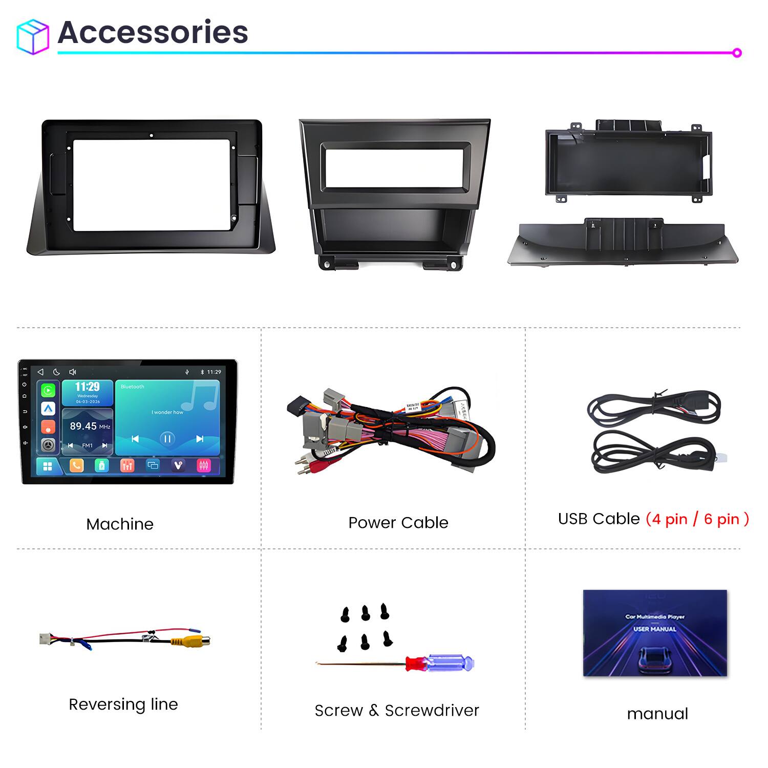 Accessories

11:29
0g

11:29 Weinevie 04-013-2026
Bluetooth wonder 10w
89.45 Mriz M1

Machine
Power Cable
USB Cable (4 pin / 6 pin)
Reversing line
Screw & Screwdriver
manual