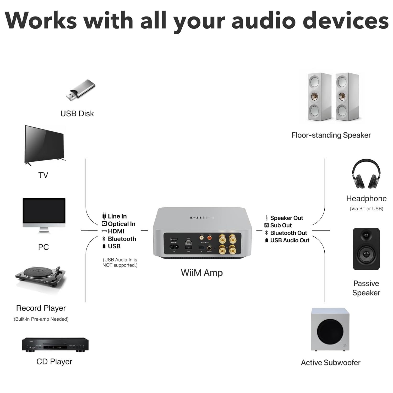 Works with all your audio devices

- USB Disk
- Floor-standing Speaker
- TV
- PC
- Line In
- Optical In
- HDMI
- Bluetooth
- USB
- (USB Audio In is NOT supported.)
- WiiM Amp
- Passive Speaker
- Record Player (Built-in Pre-amp Needed)
- CD Player
- Active Subwoofer
- Speaker Out
- Sub Out
- Bluetooth Out
- USB Audio Out
- Headphone (Via BT or USB)