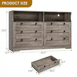 Jojoka - 6 Drawer Dresser for Bedroom, 55" Wood Chest of Drawers with Charging Station, LED Lights - Gray