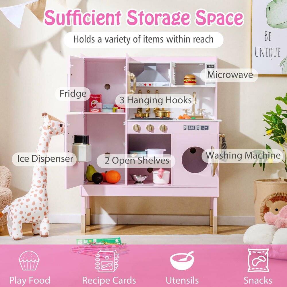 Sufficient Storage Space  
Holds a variety of items within reach  

- Microwave  
- Fridge  
- 3 Hanging Hooks  
- Ice Dispenser  
- 2 Open Shelves  
- Washing Machine  

BE UNIQUE  

- Play Food  
- Recipe Cards  
- Utensils  
- Snacks