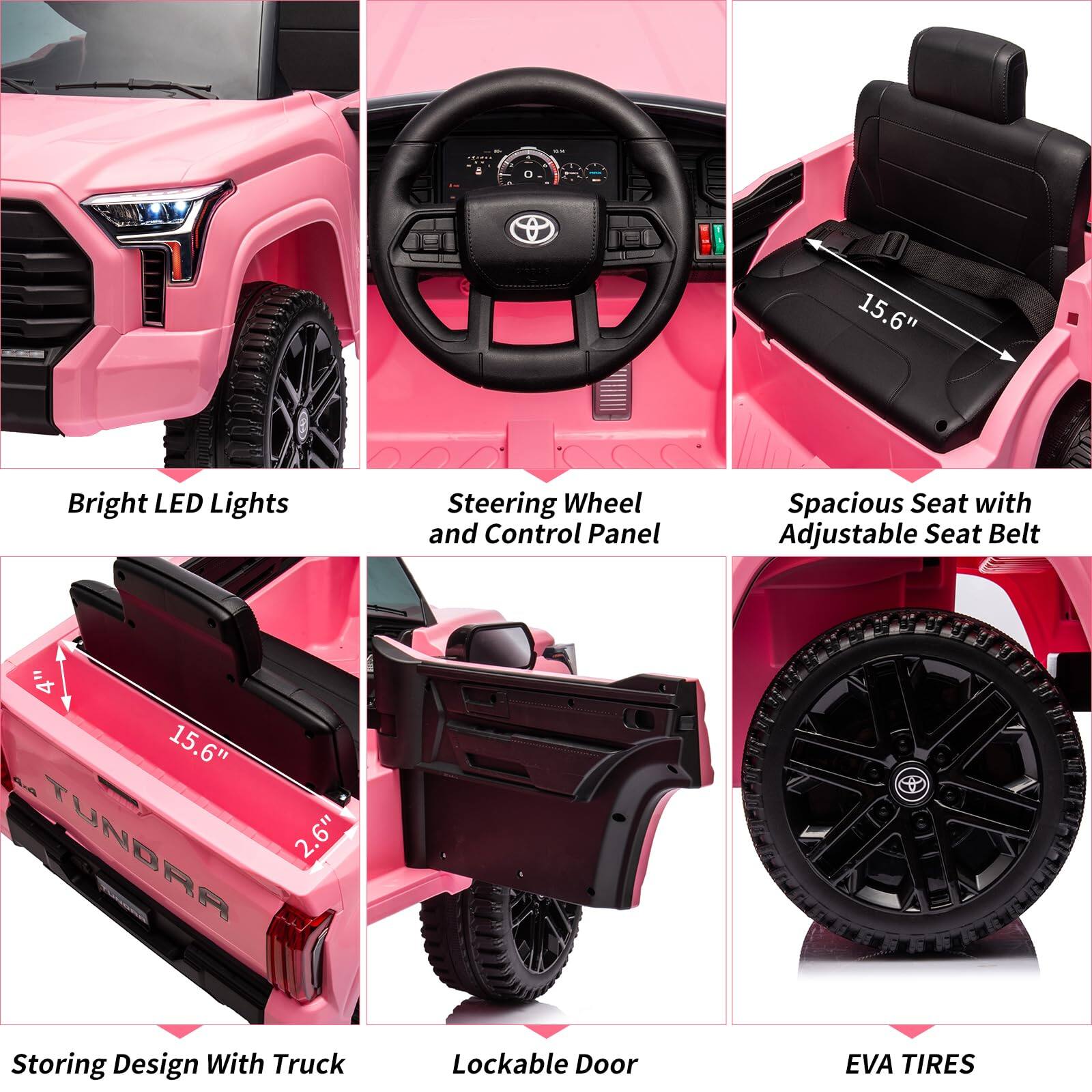 1. Bright LED Lights
2. Steering Wheel and Control Panel
3. Spacious Seat with Adjustable Seat Belt
4. Storing Design With Truck
5. Lockable Door
6. EVA TIRES