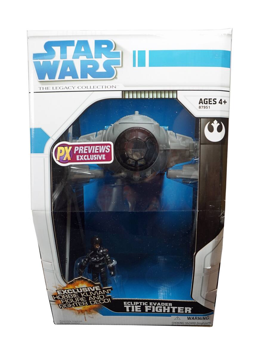 STAR WARS  
THE LEGACY COLLECTION  

AGES 4+  
87951  

PX PREVIEWS EXCLUSIVE  

EXCLUSIVE  
HOBBIE KLIVIAN FIGURE AND FIGHTER DECO!  

ECLIPTIC EVADER TIE FIGHTER  

WARNING: CHOKING HAZARD - Small parts.