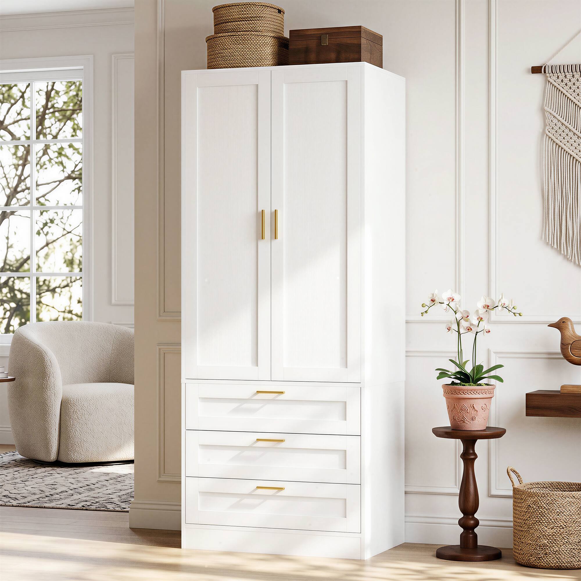 Left. Aheaplus - 2-Pack 71" Tall Armoire Wardrobes: 3 Drawers, Doors, Hanging Rod, 20" Deep Storage, Soft-Close Hinges ,Ships 2 Packages - White.